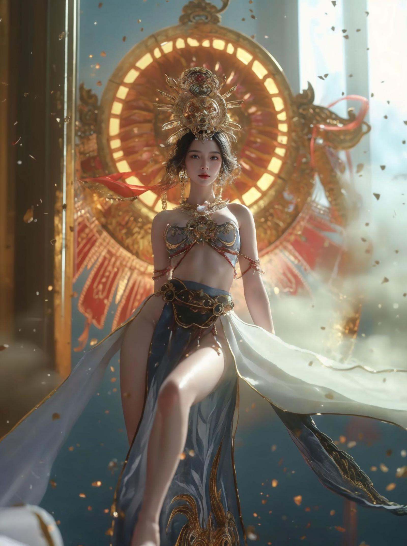 xuer Chinese goddess,1girl,jewelry,black hair,earrings,solo,necklace,bare legs,bare shoulders,navel,midriff,breasts,barefoot,<lora:绪儿-中国女神xuer Chinese goddess:0.75>,<lora:xuer a sense of story girl_20240320200924:0.5>,
