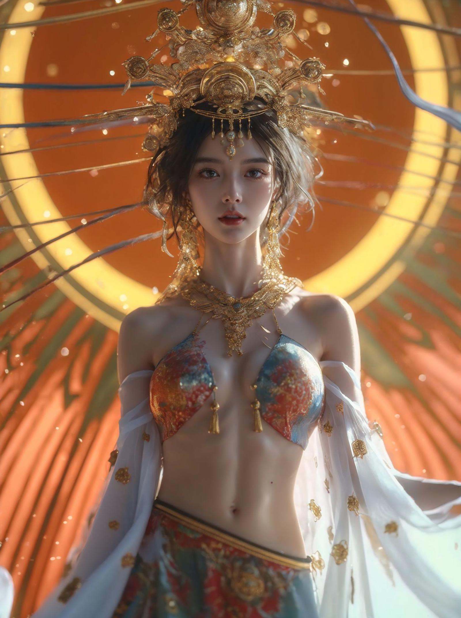 xuer Chinese goddess,1girl,solo,jewelry,navel,necklace,breasts,blue eyes,short hair,looking at viewer,parted lips,earrings,bare shoulders,black hair,hair ornament,midriff,medium breasts,detached sleeves,brown hair,tassel,<lora:绪儿-中国女神xuer Chinese goddess:0.75>,<lora:xuer a sense of story girl_20240320200924:0.5>,