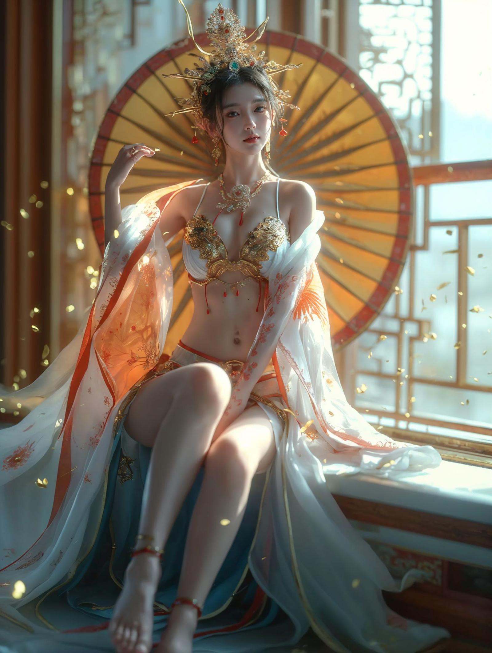 xuer Chinese goddess,1girl,jewelry,barefoot,solo,(sitting:1.2),(anklet:1.2),earrings,black hair,hair ornament,necklace,indoors,full body,breasts,petals,window,bra,bare legs,realistic,feet,<lora:绪儿-中国女神xuer Chinese goddess:0.75>,