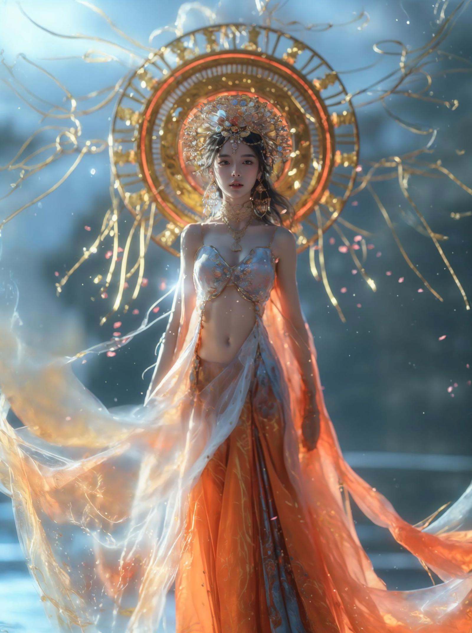 xuer Chinese goddess,1girl,solo,jewelry,navel,black hair,arms at sides,see-through,earrings,bare shoulders,breasts,necklace,hair ornament,looking at viewer,halo,midriff,blurry background,long hair,standing,long skirt,water,parted lips,petals,(from below:1.1),(full body:1.1),(wide shot, wide-angle lens,Panoramic:1.2),<lora:绪儿-中国女神xuer Chinese goddess:0.75>,<lora:xuer a sense of story girl_20240320200924:0.5>,