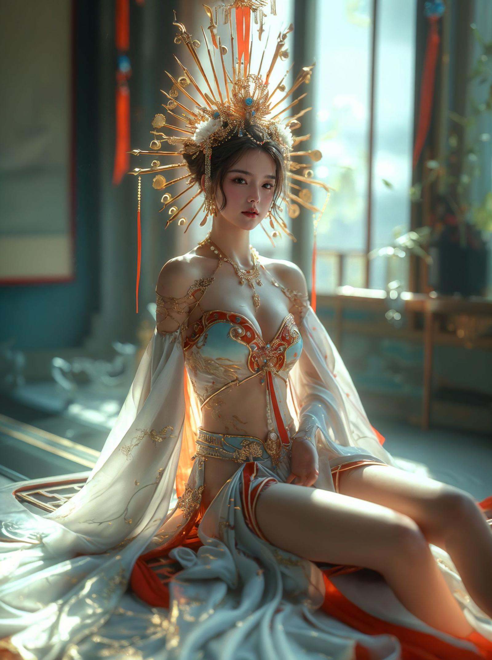 xuer Chinese goddess,1girl,sitting,breasts,jewelry,solo,cleavage,hair bun,necklace,indoors,hair ornament,blurry background,bare shoulders,medium breasts,looking at viewer,realistic,tassel,bare legs,earrings,brown hair,black hair,detached sleeves,parted lips,red lips,lips,strapless,navel,window,midriff,single hair bun,<lora:绪儿-中国女神xuer Chinese goddess:0.75>,<lora:xuer a sense of story girl_20240320200924:0.5>,