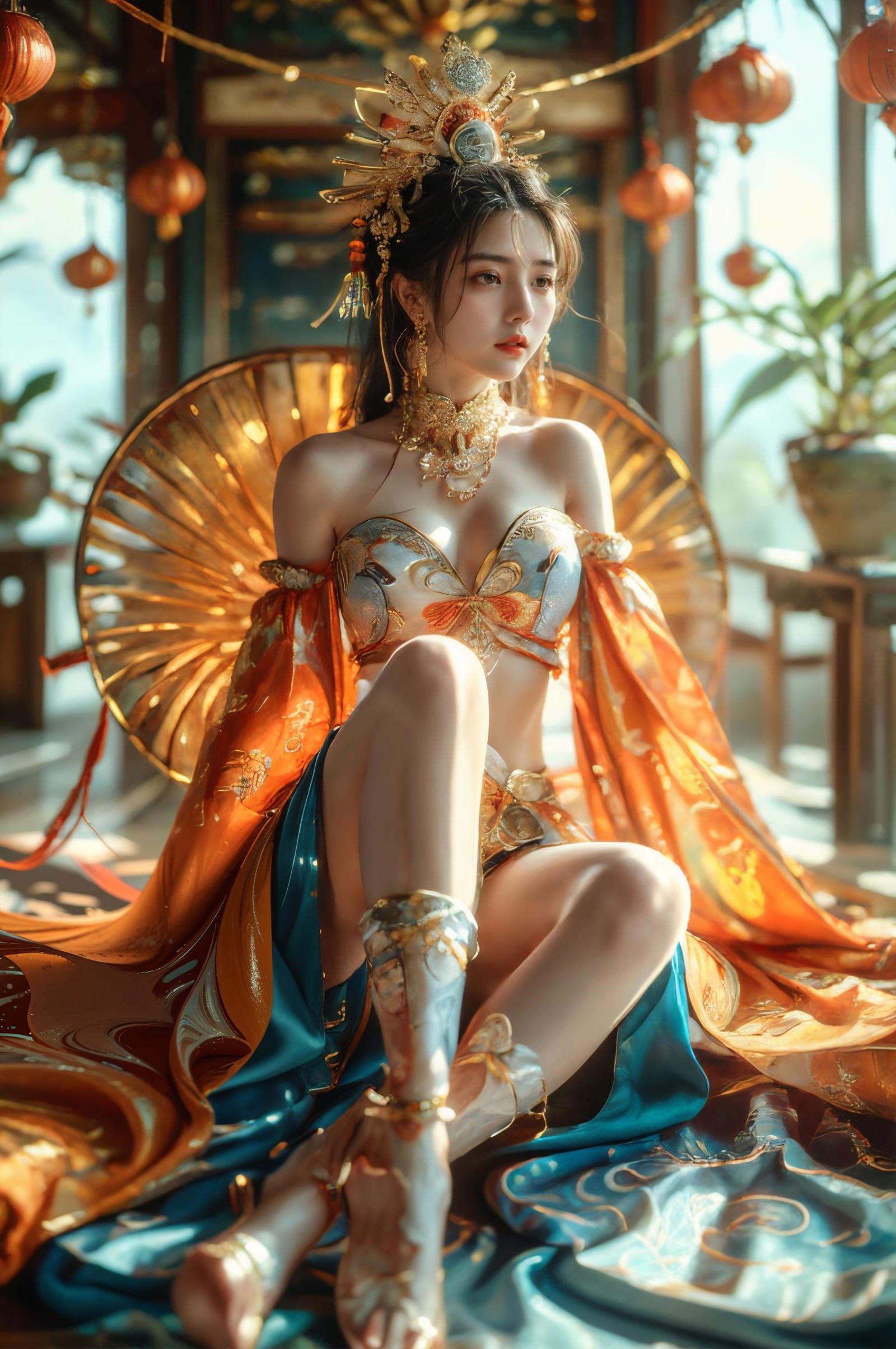 xuer Chinese goddess,1girl,(sitting:1.2),( jewelry,anklet,:1.3) solo,(shiny skin:1.4),(from below:1.1),(full body:1.1),(wide shot, wide-angle lens,Panoramic:1.2),image,nostalgic paintings,Exotic Style,bull body,long sho,dancing,Martialarts and fairy - like vibe,best quality,masterpiece,Dynamic Angle,Perspective,High Point,pov,(from below:1.4),(from side,profile:1.1),<lora:绪儿-中国女神xuer Chinese goddess:0.75>,<lora:xuer a sense of story girl_20240320200924:0.5>,