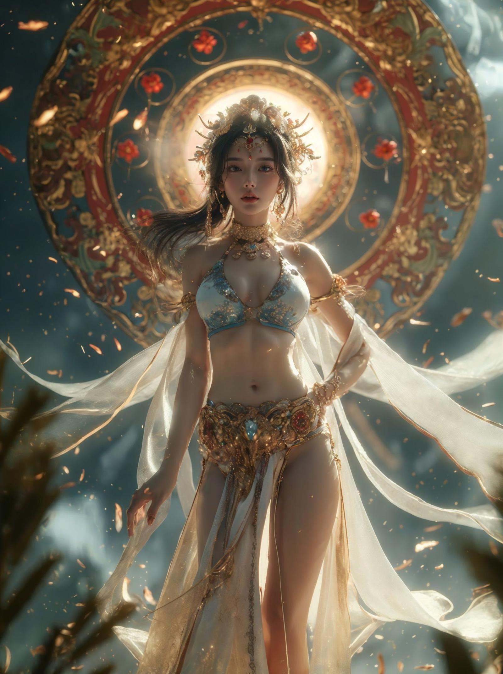 xuer Chinese goddess,1girl,jewelry,solo,navel,breasts,earrings,long hair,black hair,armlet,looking at viewer,parted lips,necklace,standing,ponytail,pelvic curtain,hand on hip,realistic,forehead mark,petals,backlighting,from below,circlet,bra,midriff,hair ornament,bikini,bare shoulders,swimsuit,forehead jewel,lips,(from below:1.1),(full body:1.1),(wide shot, wide-angle lens,Panoramic:1.2),<lora:绪儿-中国女神xuer Chinese goddess:0.75>,<lora:xuer a sense of story girl_20240320200924:0.5>,