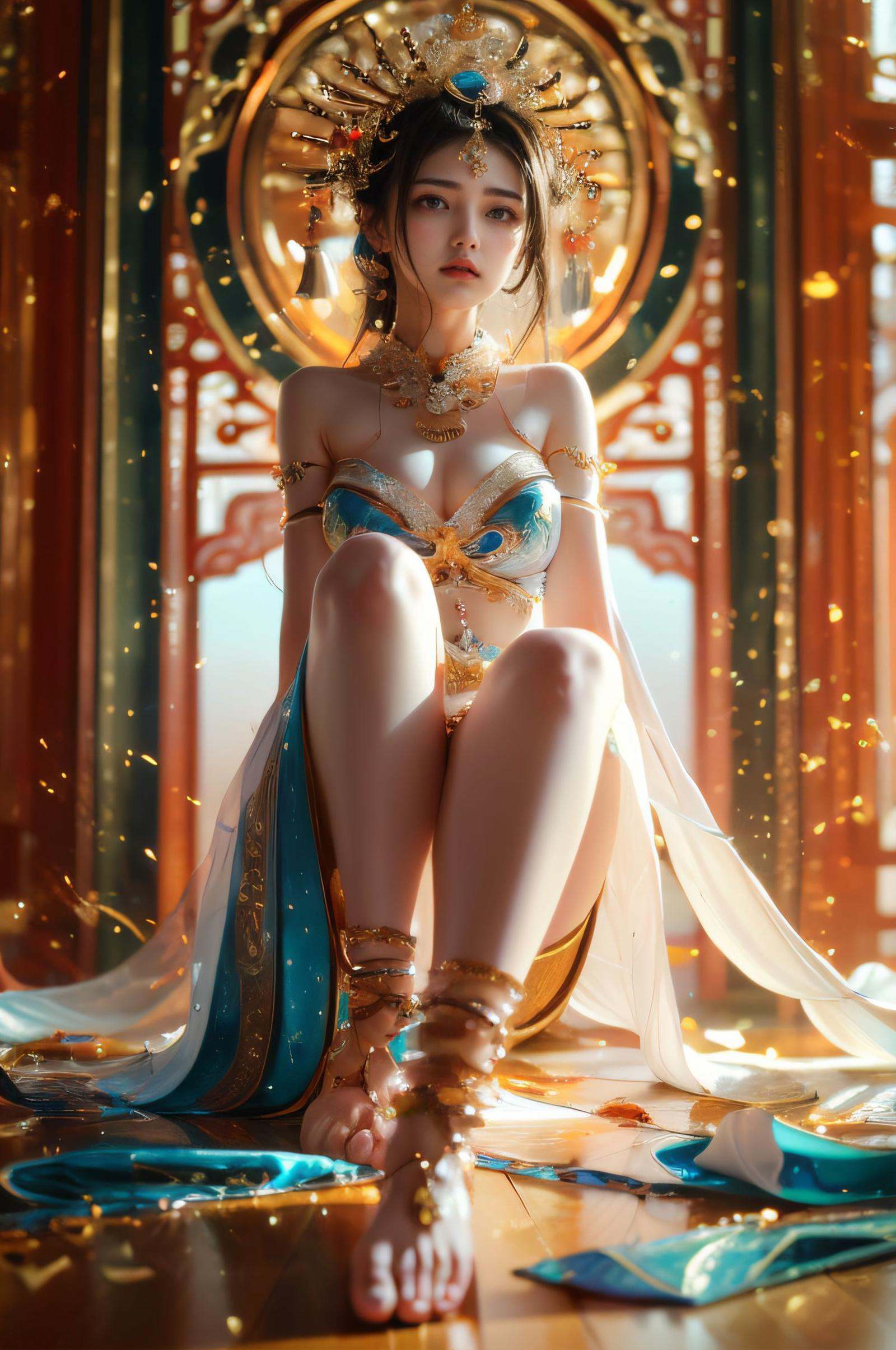 xuer Chinese goddess,1girl,(jewelry,anklet:1.3),solo,(sitting:1.2),(from side,profile:0.9),(wide shot, wide-angle lens,Panoramic:1.2),image,nostalgic paintings,Exotic Style,bull body,long sho,dancing,Martialarts and fairy - like vibe,best quality,masterpiece,Dynamic Angle,Perspective,High Point,pov,<lora:绪儿-中国女神xuer Chinese goddess:0.75>,