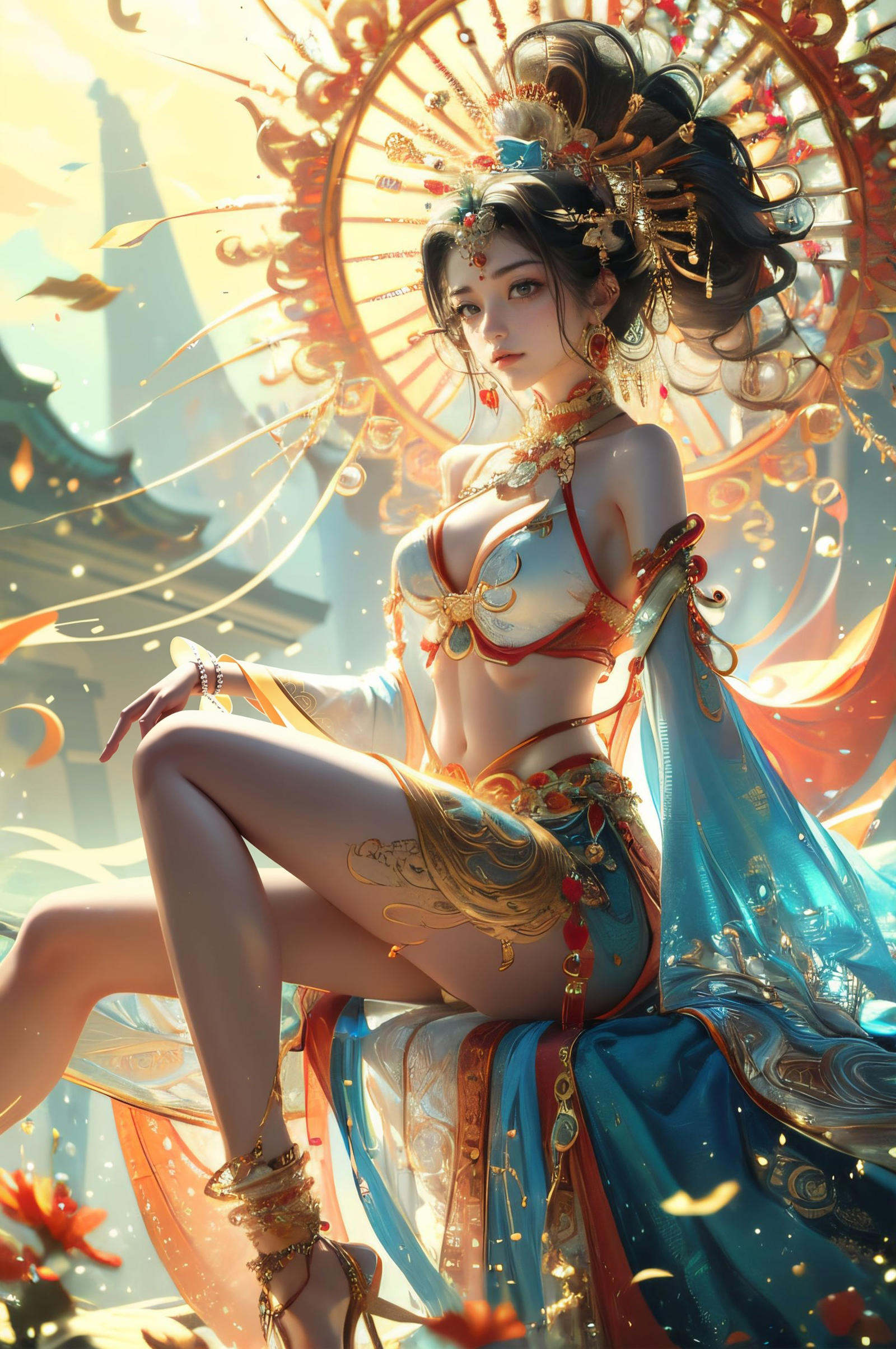 xuer Chinese goddess,1girl,(jewelry,anklet:1.3),solo,(sitting:1.2),(from side,profile:0.9),(wide shot, wide-angle lens,Panoramic:1.2),image,nostalgic paintings,Exotic Style,bull body,long sho,dancing,Martialarts and fairy - like vibe,best quality,masterpiece,Dynamic Angle,Perspective,High Point,pov,<lora:绪儿-中国女神xuer Chinese goddess:0.75>,