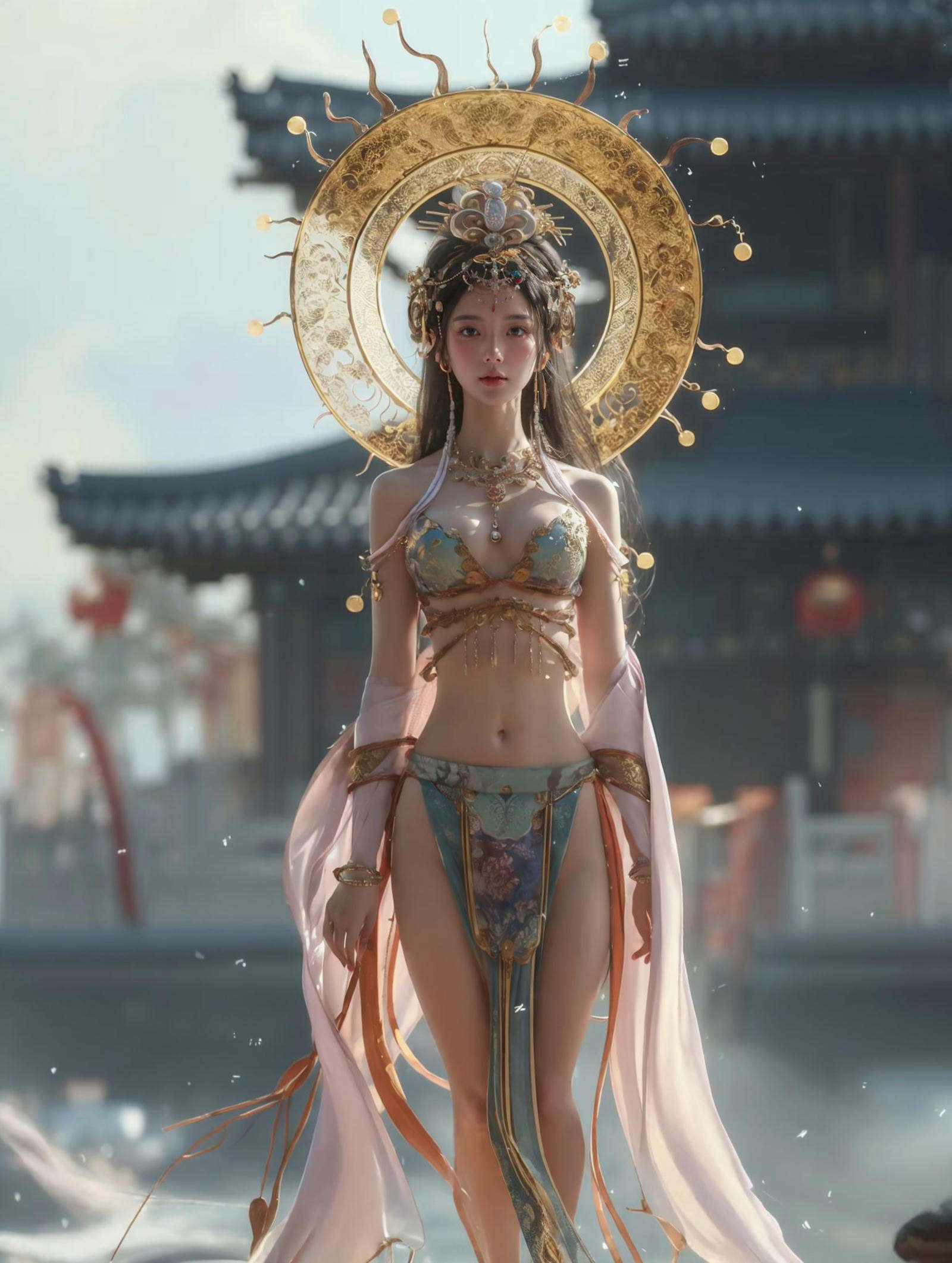 xuer Chinese goddess,1girl,solo,jewelry,blurry background,long hair,necklace,bare legs,navel,architecture,blue eyes,pelvic curtain,east asian architecture,hair ornament,brown hair,breasts,black hair,midriff,outdoors,looking at viewer,see-through,standing,closed mouth,bracelet,<lora:绪儿-中国女神xuer Chinese goddess:0.75>,