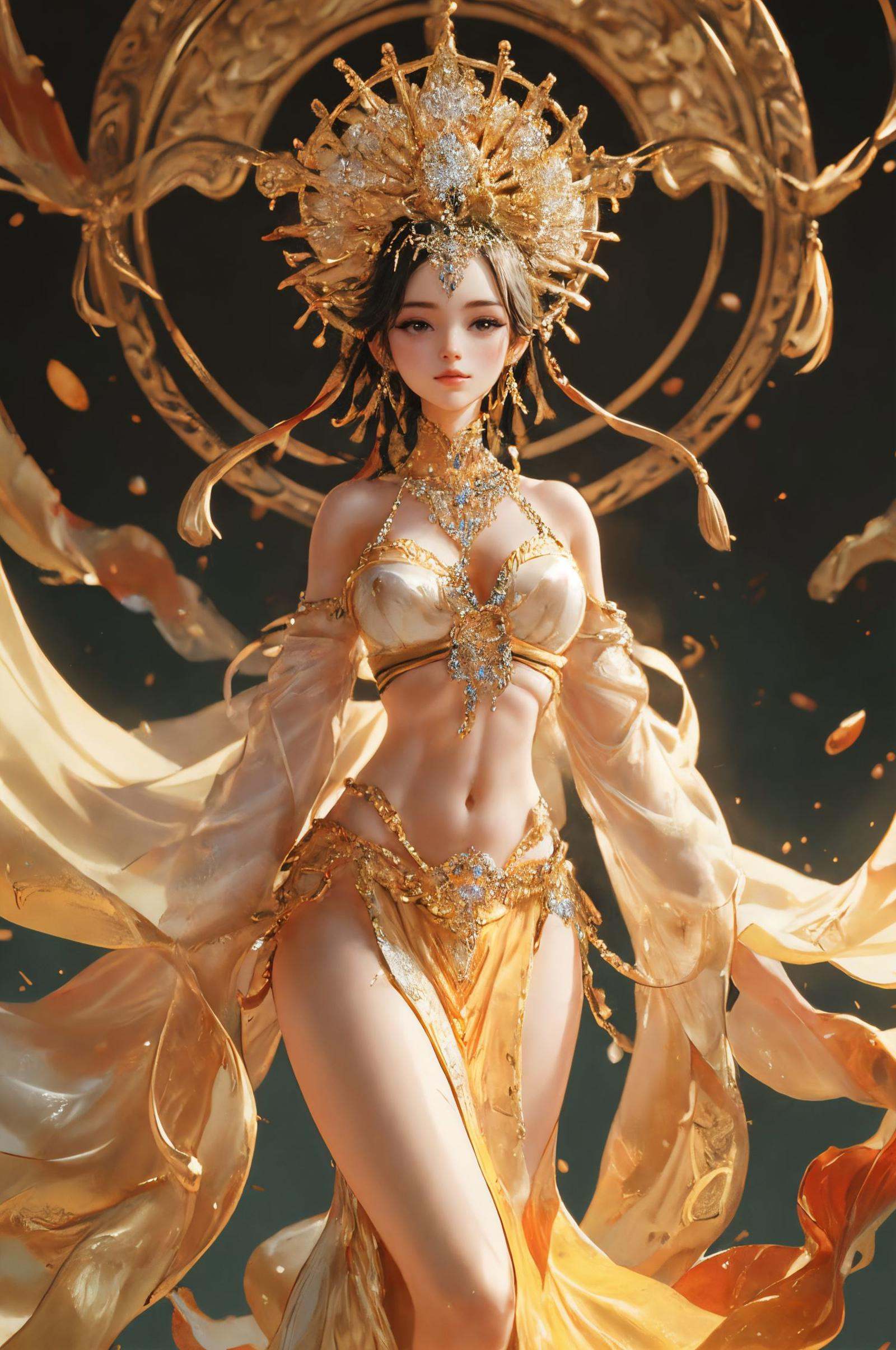 xuer Chinese goddess,1girl,(sitting:1.2),( jewelry,anklet,:1.3) solo,(from below:1.1),(full body:1.1),(wide shot, wide-angle lens,Panoramic:1.2),image,nostalgic paintings,Exotic Style,bull body,long sho,dancing,Martialarts and fairy - like vibe,best quality,masterpiece,Dynamic Angle,Perspective,High Point,pov,(from below:1.4),<lora:绪儿-中国女神xuer Chinese goddess:0.75>,