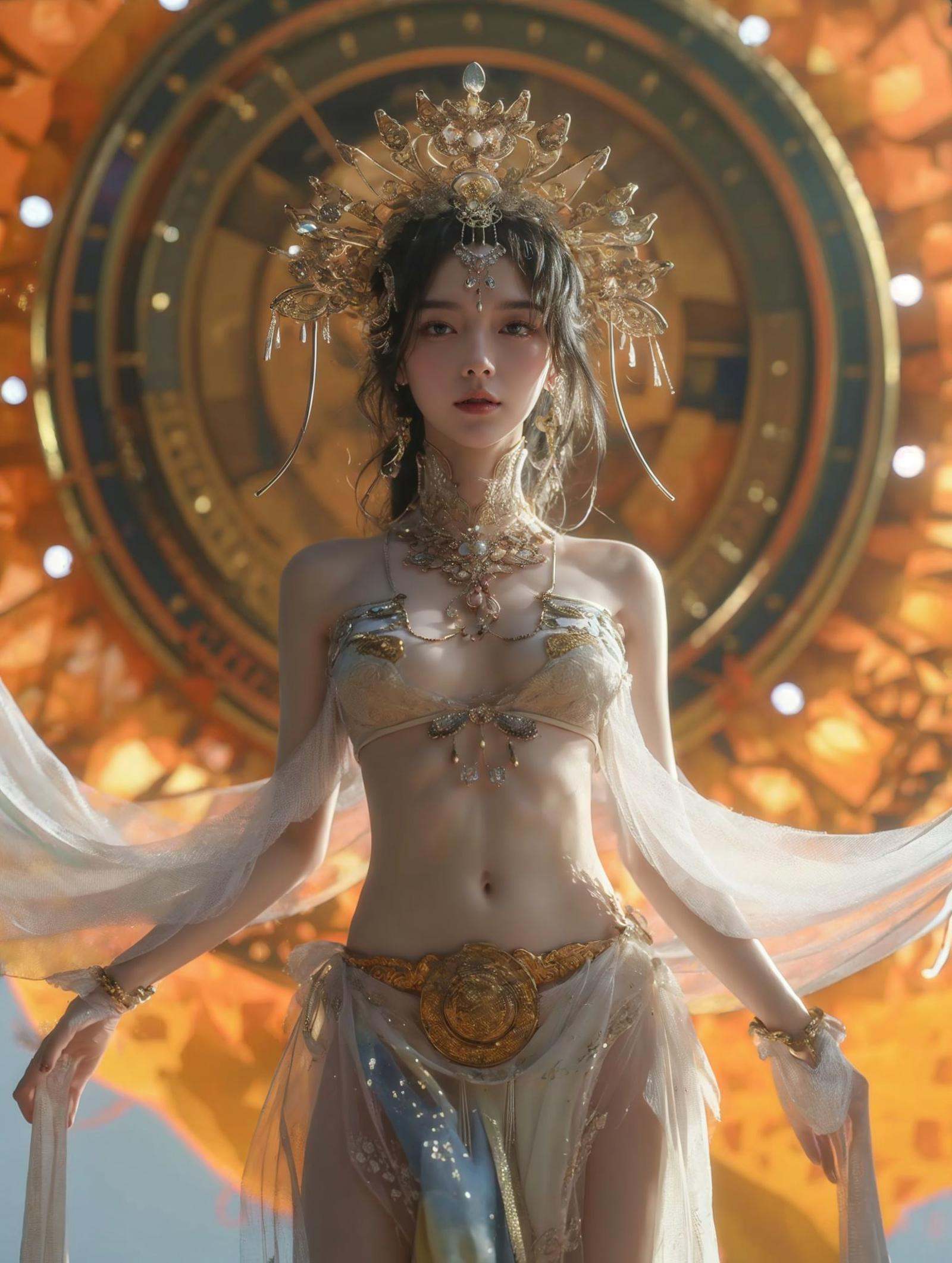 xuer Chinese goddess, 1girl, jewelry, solo, navel, black hair, breasts, bracelet, earrings, pelvic curtain, looking at viewer, realistic, bare shoulders, parted lips, cowboy shot, see-through, lips, bra, hair ornament, small breasts, blurry background, necklace,from below,<lora:绪儿-中国女神xuer Chinese goddess:0.75>,