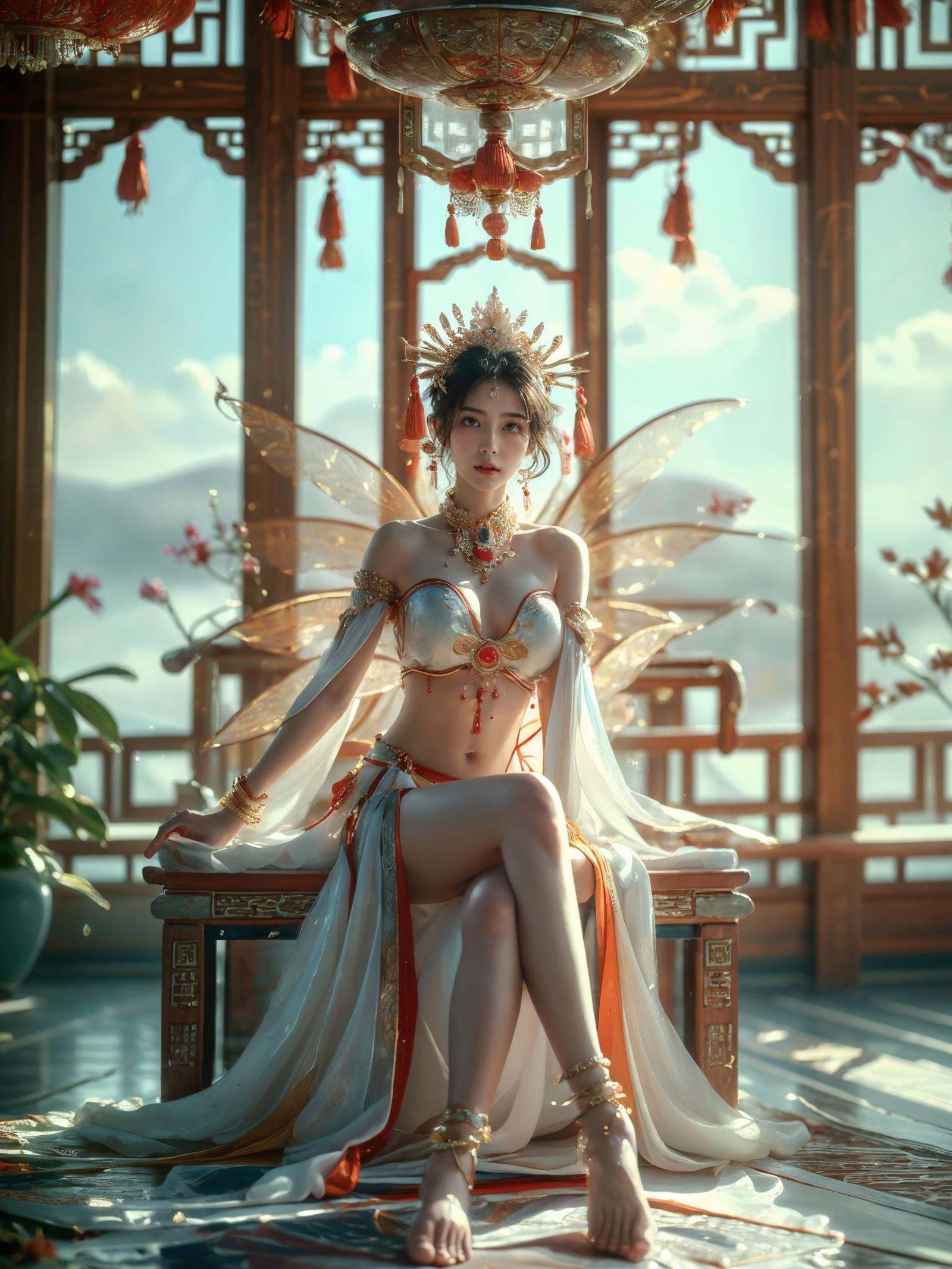 xuer Chinese goddess,1girl,(jewelry,anklet:1.3),solo,(sitting:1.2),(from side,profile:0.9),(wide shot, wide-angle lens,Panoramic:1.2),image,nostalgic paintings,Exotic Style,bull body,long sho,dancing,Martialarts and fairy - like vibe,best quality,masterpiece,Dynamic Angle,Perspective,High Point,pov,<lora:绪儿-中国女神xuer Chinese goddess:0.75>,