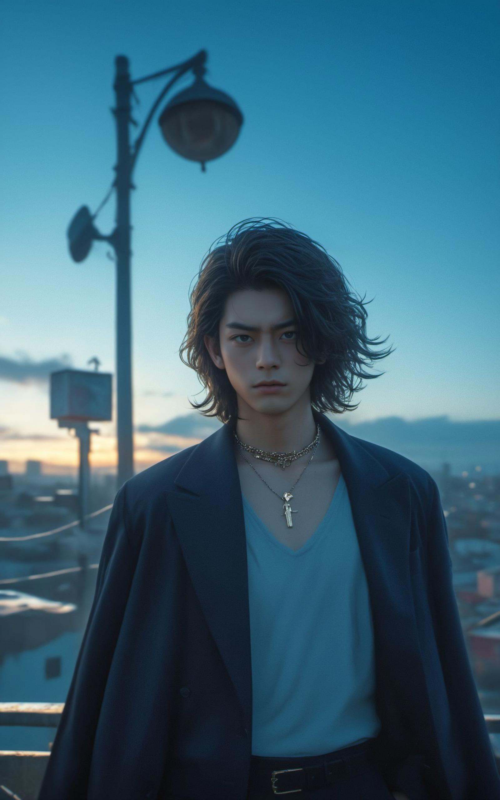 (8k, RAW photo, highly detailed,masterpiece, highest quality),rich colors,high contrast,full shot body photo of the most beautiful artwork in the world,cinematic light,fantasy,highres,xuer film still,solo,looking at viewer,black hair,1boy,jewelry,standing,male focus,outdoors,sky,cloud,medium hair,hair over one eye,bracelet,blue sky,coat,building,scenery,city,chromatic aberration,wristwatch,lamppost,<lora:绪儿电影剧照-xuer film still:0.8>,