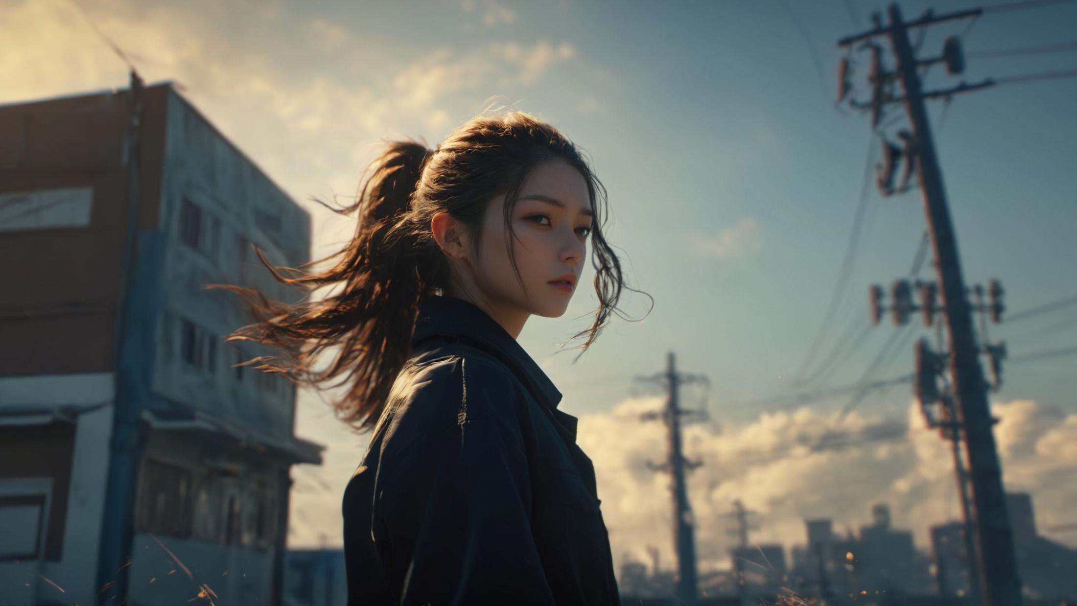 (8k, RAW photo, highly detailed,masterpiece, highest quality),rich colors,high contrast,full shot body photo of the most beautiful artwork in the world,cinematic light,fantasy,highres,(from below:1.4),(full body:1.7),xuer film still,1girl,solo,long hair,brown hair,brown eyes,closed mouth,jacket,ponytail,outdoors,blurry,from side,lips,profile,floating hair,depth of field,blurry background,ground vehicle,wind,building,scenery,sign,realistic,nose,power lines,utility pole,<lora:绪儿电影剧照-xuer film still:0.8>,