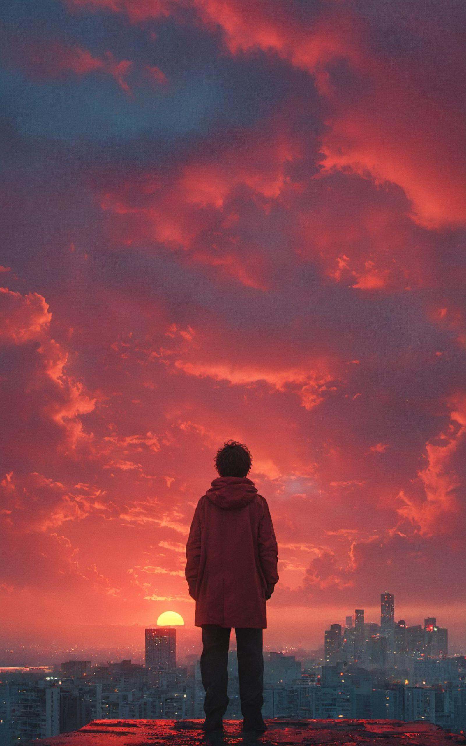 xuer film still,solo,1boy,standing,male focus,outdoors,sky,cloud,from behind,cloudy sky,building,scenery,sunset,city,sun,horizon,facing away,cityscape,wide shot,red theme,red sky,<lora:绪儿电影剧照-xuer film still:0.8>,