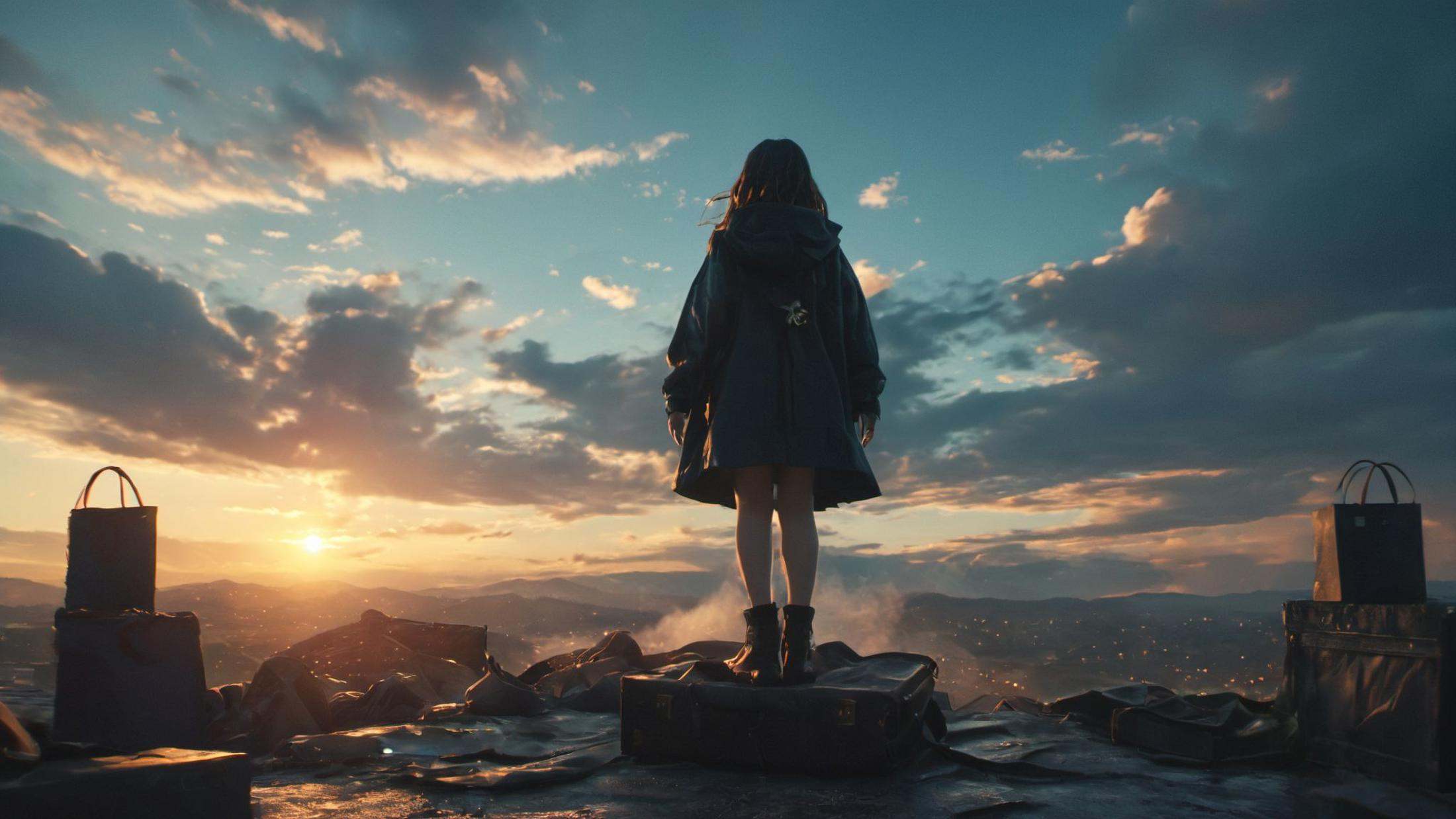 (8k, RAW photo, highly detailed,masterpiece, highest quality),rich colors,high contrast,full shot body photo of the most beautiful artwork in the world,cinematic light,fantasy,highres,xuer film still,1girl,long hair,skirt,standing,outdoors,multiple boys,sky,cloud,hood,bag,cloudy sky,scenery,6+boys,sunset,silhouette,<lora:绪儿电影剧照-xuer film still:0.8>,