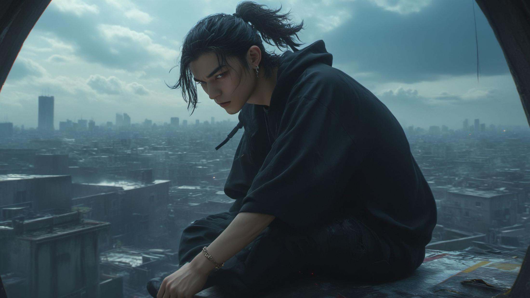 (8k, RAW photo, highly detailed,masterpiece, highest quality),rich colors,high contrast,full shot body photo of the most beautiful artwork in the world,cinematic light,fantasy,highres,(full body:1.7),xuer film still,solo,looking at viewer,black hair,1boy,jewelry,sitting,closed mouth,ponytail,male focus,earrings,sky,pants,cloud,hood,window,blood,hoodie,hood down,scenery,city,cityscape,<lora:绪儿电影剧照-xuer film still:0.8>,