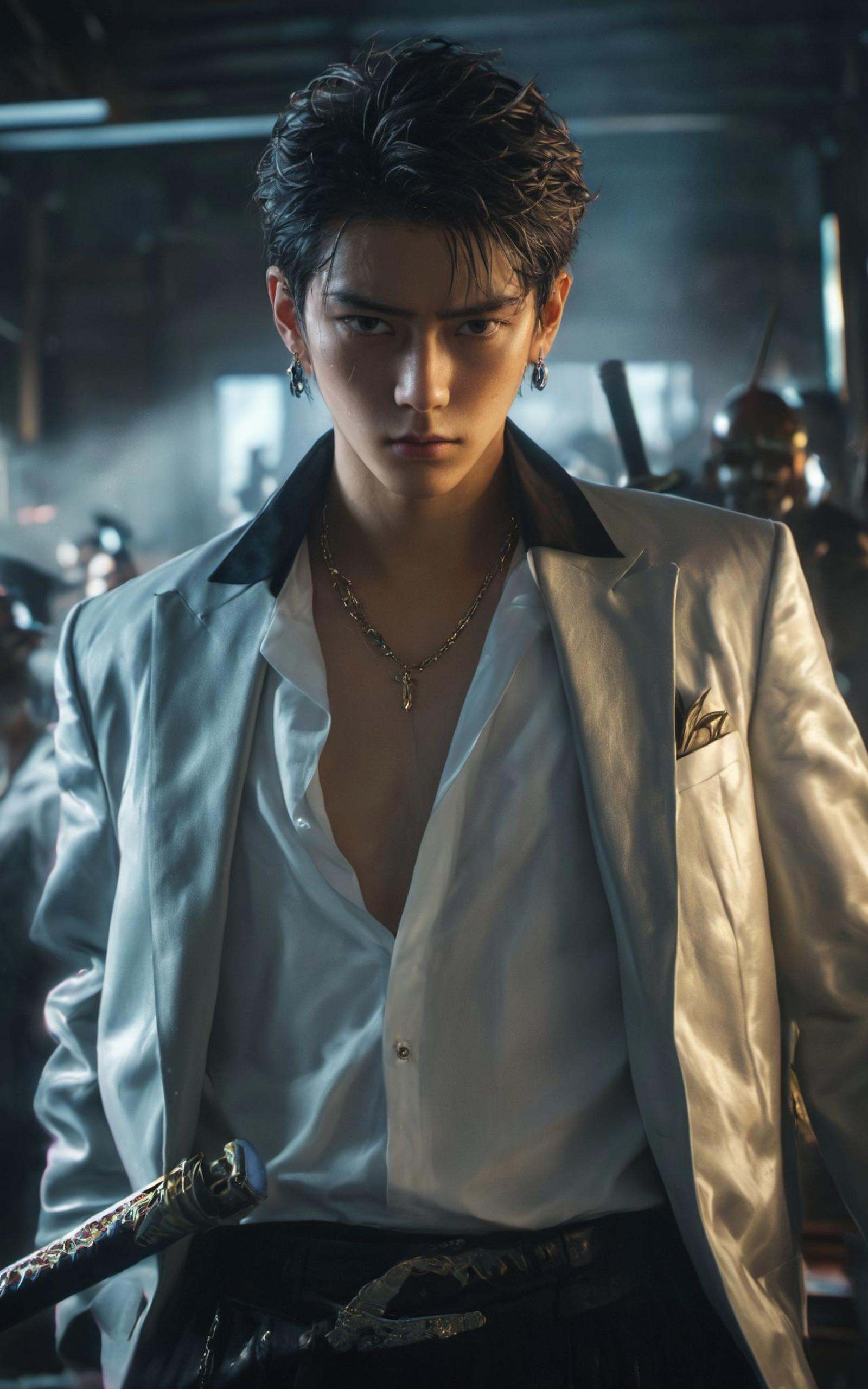(8k, RAW photo, highly detailed,masterpiece, highest quality),rich colors,high contrast,full shot body photo of the most beautiful artwork in the world,cinematic light,fantasy,highres,xuer film still,looking at viewer,short hair,shirt,black hair,jewelry,jacket,white shirt,upper body,weapon,male focus,earrings,multiple boys,sky,solo focus,sword,indoors,black jacket,6+boys,<lora:绪儿电影剧照-xuer film still:0.8>,