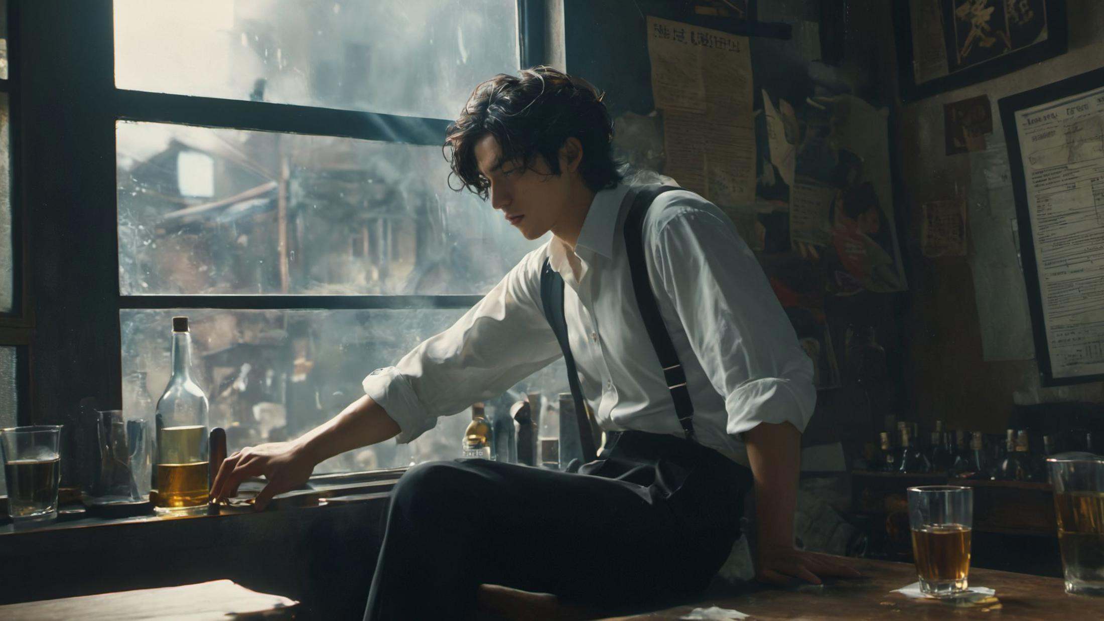 (8k, RAW photo, highly detailed,masterpiece, highest quality),rich colors,high contrast,full shot body photo of the most beautiful artwork in the world,cinematic light,fantasy,highres,xuer film still,solo,short hair,shirt,black hair,long sleeves,1boy,sitting,white shirt,male focus,collared shirt,pants,indoors,cup,window,profile,black pants,table,suspenders,bottle,scenery,alcohol,drinking glass,wine bottle,<lora:绪儿电影剧照-xuer film still:0.8>,
