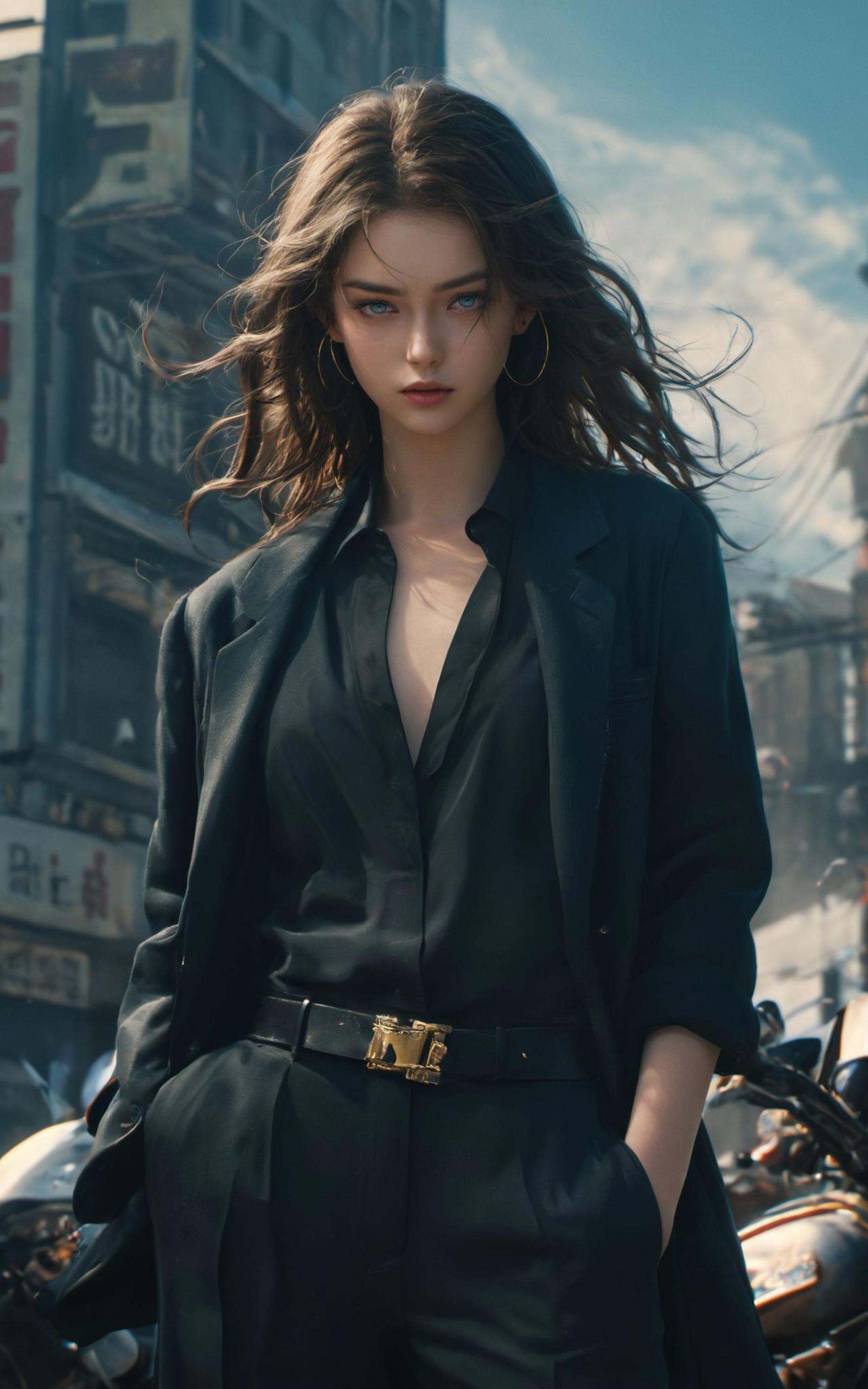 (8k, RAW photo, highly detailed,masterpiece, highest quality),rich colors,high contrast,full shot body photo of the most beautiful artwork in the world,cinematic light,fantasy,highres,xuer film still,1girl,solo,long hair,looking at viewer,blue eyes,brown hair,black hair,long sleeves,jewelry,closed mouth,standing,earrings,outdoors,sky,day,belt,pants,hair over one eye,lips,coat,ground vehicle,wind,building,motor vehicle,backlighting,black coat,city,sign,realistic,hands in pockets,motorcycle,<lora:绪儿电影剧照-xuer film still:0.8>,