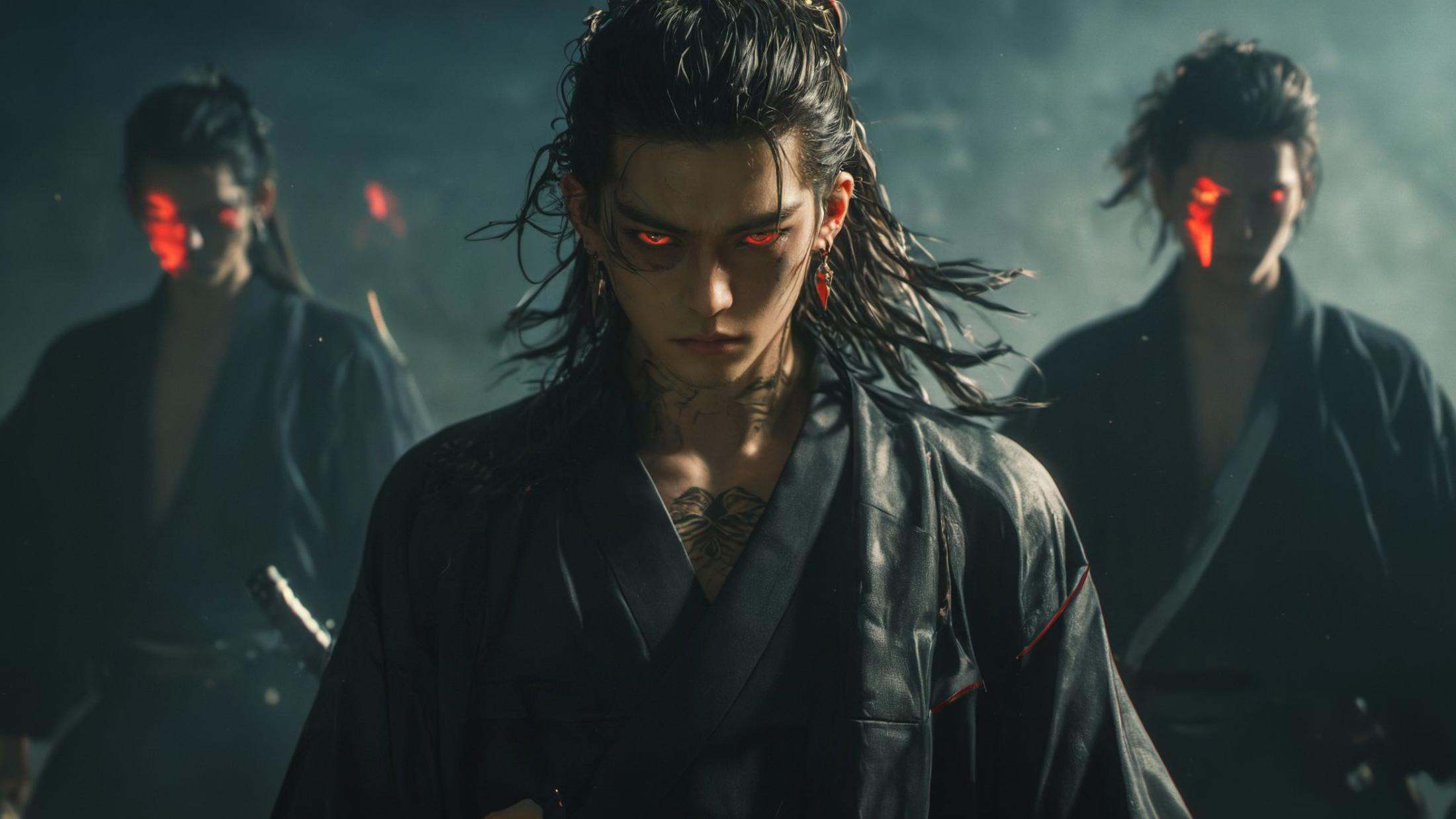(8k, RAW photo, highly detailed,masterpiece, highest quality),rich colors,high contrast,full shot body photo of the most beautiful artwork in the world,cinematic light,fantasy,highres,xuer film still,long hair,looking at viewer,black hair,red eyes,jewelry,closed mouth,upper body,weapon,male focus,earrings,japanese clothes,multiple boys,solo focus,sword,kimono,tattoo,glowing,scar,glowing eyes,scar on face,backlighting,6+boys,robe,silhouette,<lora:绪儿电影剧照-xuer film still:0.8>,