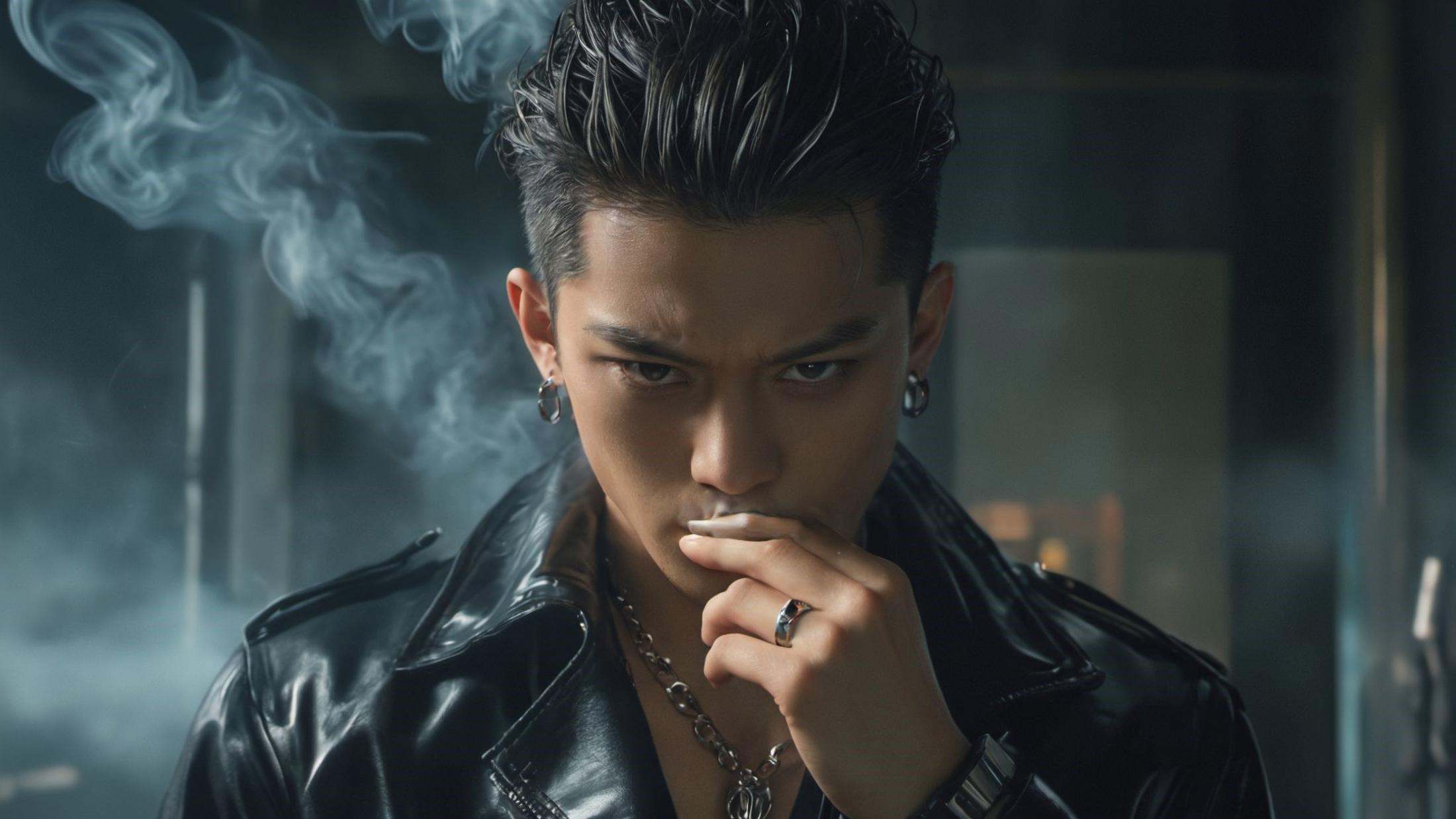 (8k, RAW photo, highly detailed,masterpiece, highest quality),rich colors,high contrast,full shot body photo of the most beautiful artwork in the world,cinematic light,fantasy,highres,xuer film still,solo,looking at viewer,black hair,1boy,jewelry,jacket,male focus,earrings,necklace,bracelet,black jacket,mouth hold,ring,watch,cigarette,realistic,smoking,wristwatch,leather,undercut,leather jacket,multiple rings,<lora:绪儿电影剧照-xuer film still:0.8>,