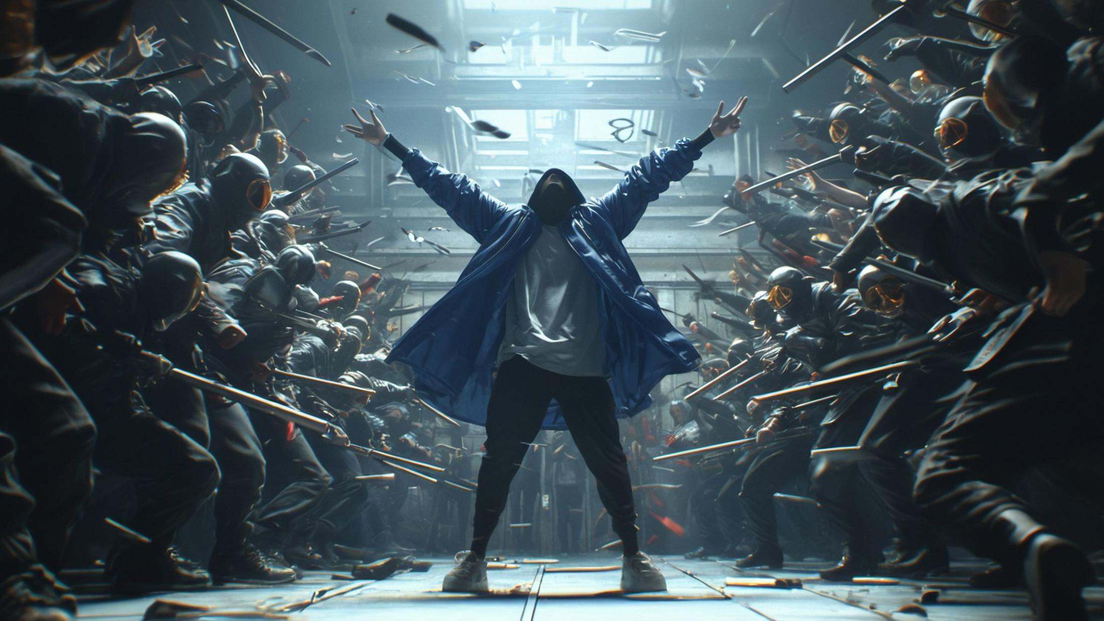 (8k, RAW photo, highly detailed,masterpiece, highest quality),rich colors,high contrast,full shot body photo of the most beautiful artwork in the world,cinematic light,fantasy,highres,Look up to the sky,xuer film still,shirt,black hair,long sleeves,holding,standing,jacket,white shirt,weapon,multiple boys,open clothes,shoes,pants,indoors,hood,holding weapon,open jacket,gun,black pants,outstretched arms,blue jacket,holding gun,hooded jacket,rifle,hood up,6+boys,battle,shell casing,6+others,<lora:绪儿电影剧照-xuer film still:0.8>,