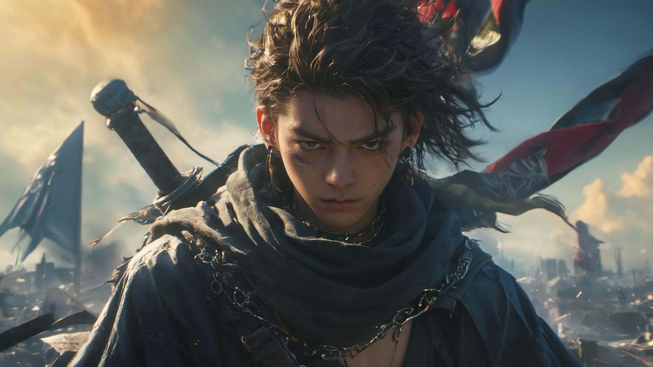 (8k, RAW photo, highly detailed,masterpiece, highest quality),rich colors,high contrast,full shot body photo of the most beautiful artwork in the world,cinematic light,fantasy,highres,xuer film still,solo,looking at viewer,black hair,1boy,jewelry,closed mouth,upper body,weapon,male focus,earrings,sky,sword,hood,scarf,blurry,black eyes,piercing,wind,debris,<lora:绪儿电影剧照-xuer film still:0.8>,