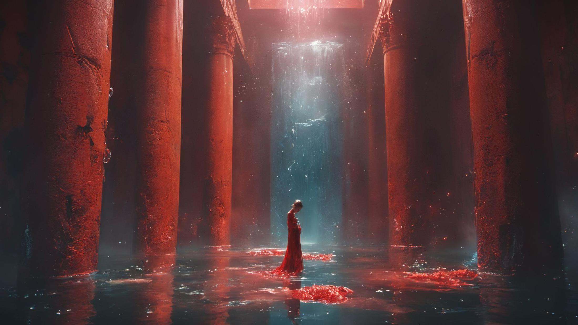 (8k, RAW photo, highly detailed,masterpiece, highest quality),rich colors,high contrast,full shot body photo of the most beautiful artwork in the world,cinematic light,fantasy,highres,xuer film still,outdoors,signature,water,no humans,scenery,reflection,red theme,pillar,<lora:绪儿电影剧照-xuer film still:0.8>,