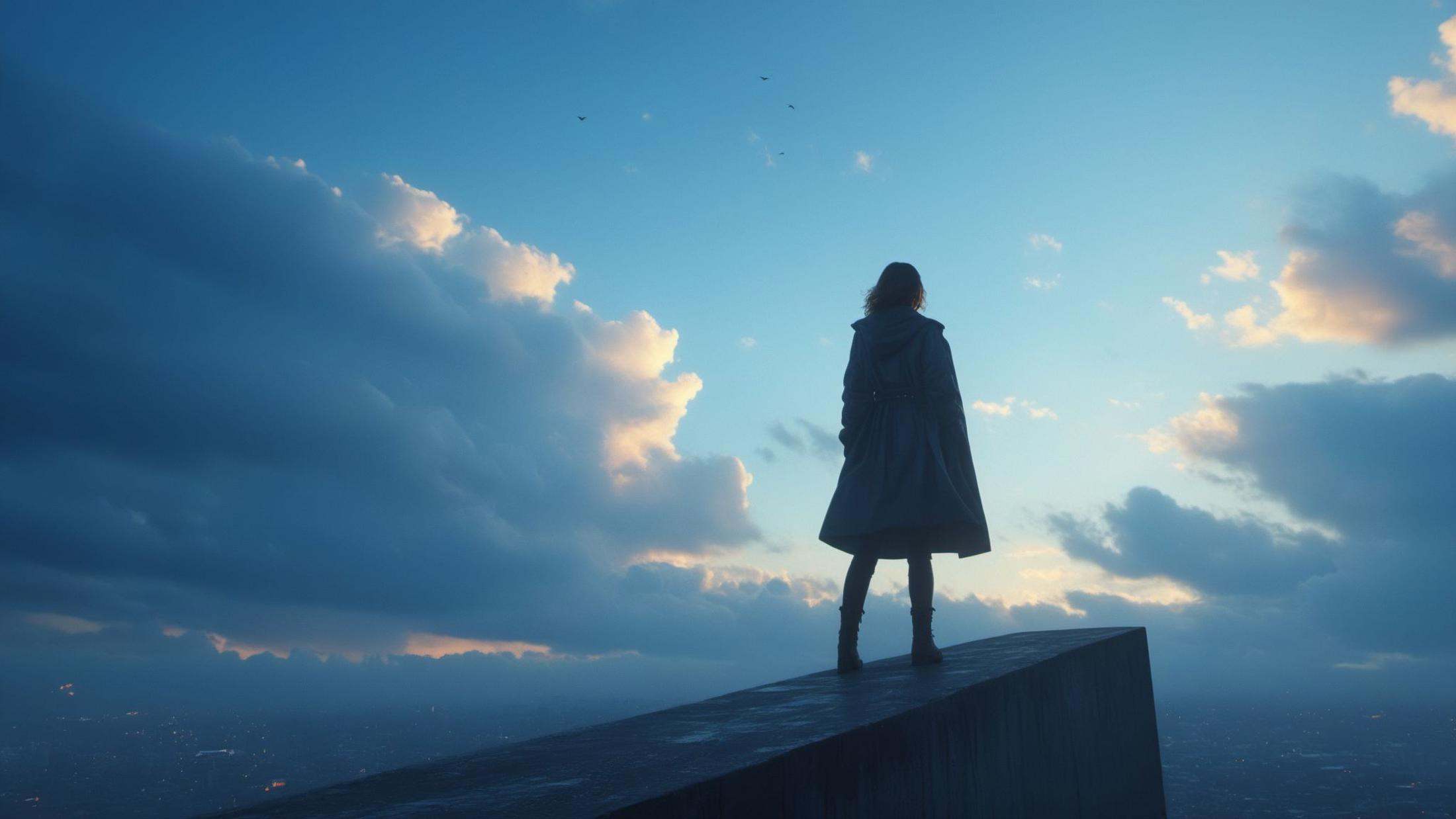 (8k, RAW photo, highly detailed,masterpiece, highest quality),rich colors,high contrast,full shot body photo of the most beautiful artwork in the world,cinematic light,fantasy,highres,xuer film still,1girl,solo,long sleeves,standing,jacket,monochrome,boots,outdoors,sky,day,cloud,blue sky,coat,glowing,bird,cloudy sky,building,scenery,blue theme,dark,wide shot,<lora:绪儿电影剧照-xuer film still:0.8>,