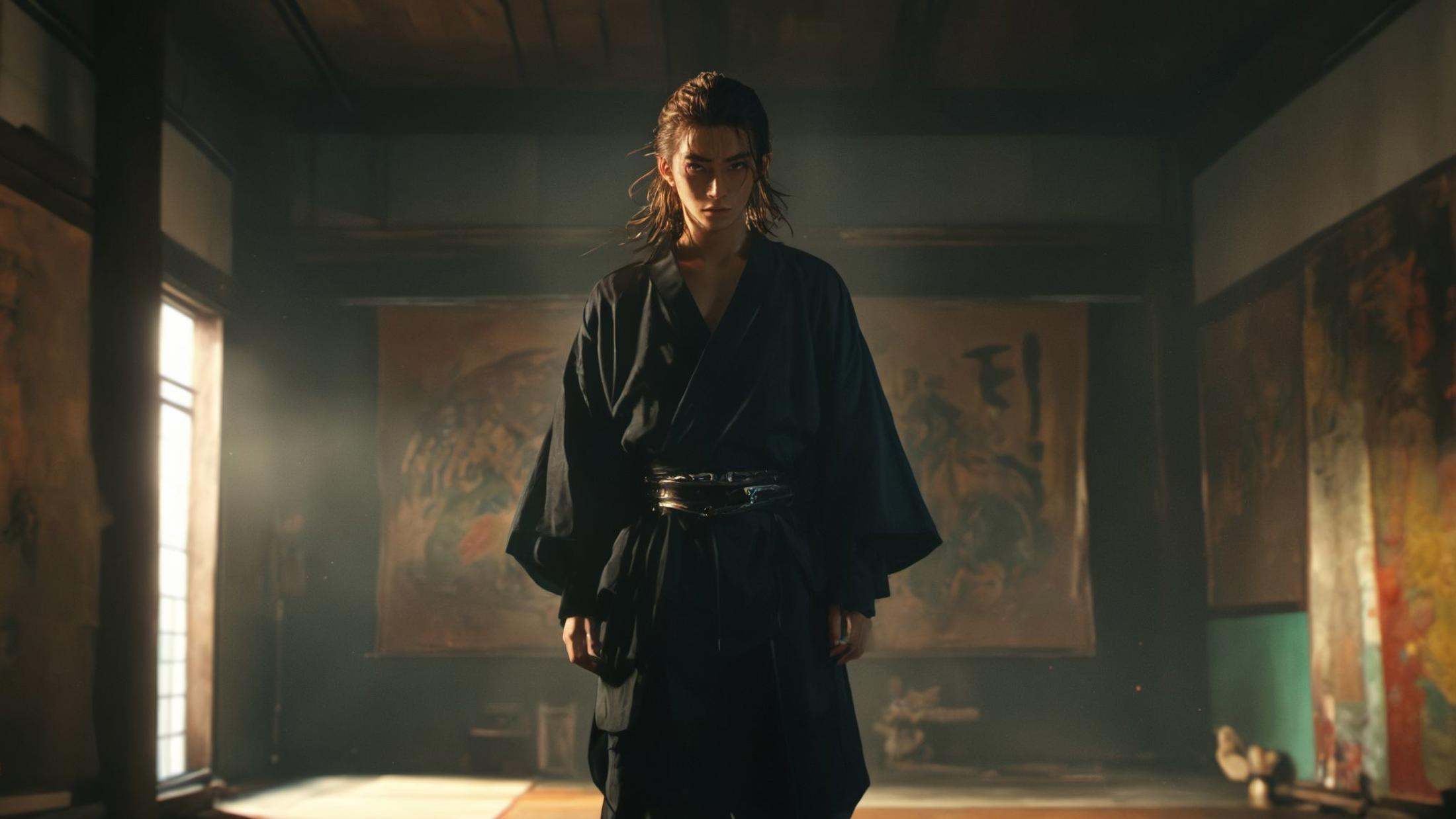 (8k, RAW photo, highly detailed,masterpiece, highest quality),rich colors,high contrast,full shot body photo of the most beautiful artwork in the world,cinematic light,fantasy,highres,xuer film still,solo,looking at viewer,brown hair,long sleeves,1boy,standing,male focus,japanese clothes,indoors,shadow,facial hair,<lora:绪儿电影剧照-xuer film still:0.8>,