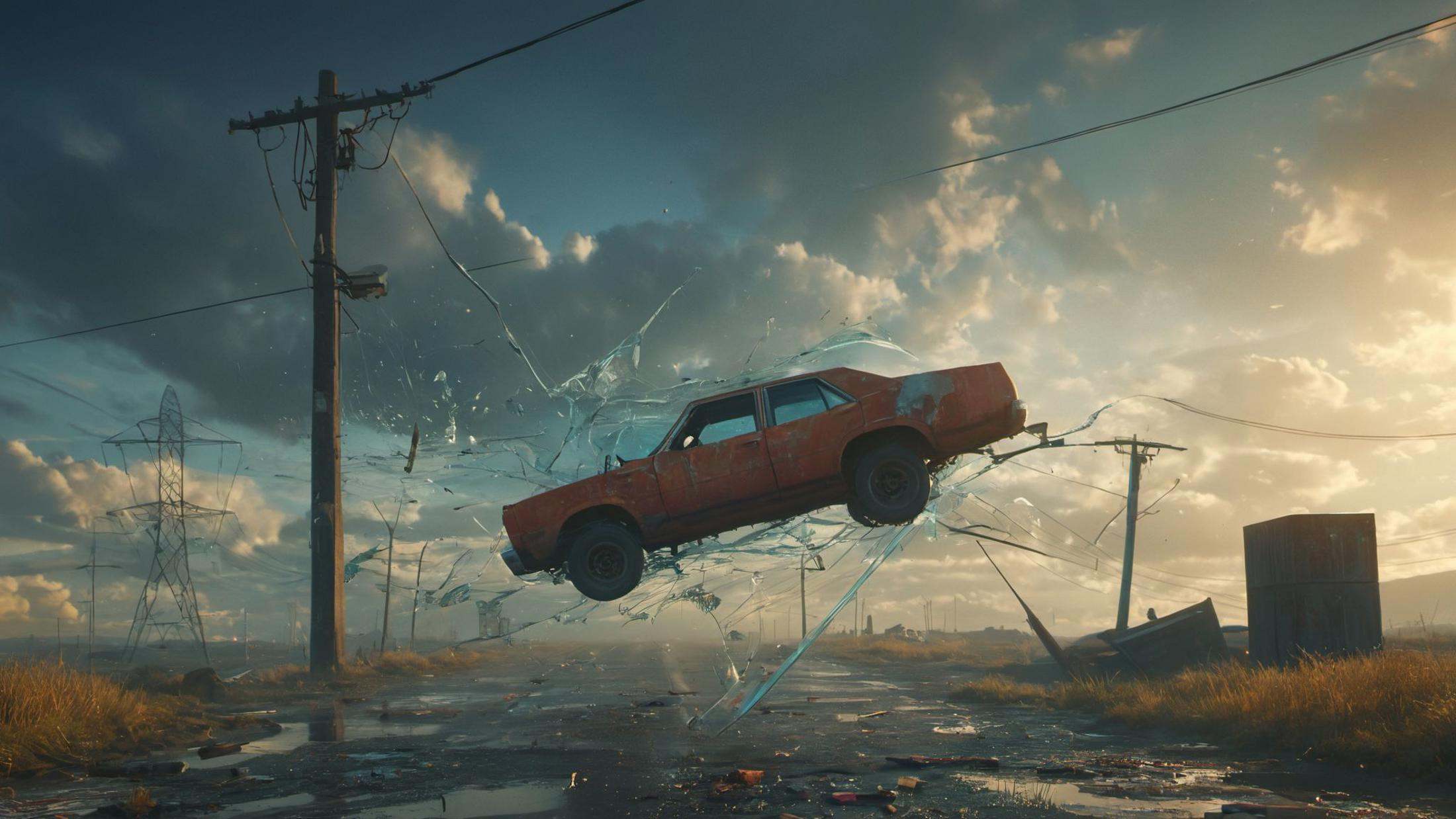 (8k, RAW photo, highly detailed,masterpiece, highest quality),rich colors,high contrast,full shot body photo of the most beautiful artwork in the world,cinematic light,fantasy,highres,xuer film still,outdoors,sky,cloud,no humans,blood,cloudy sky,ground vehicle,building,scenery,motor vehicle,car,road,ruins,vehicle focus,power lines,utility pole,debris,broken glass,broken window,<lora:绪儿电影剧照-xuer film still:0.8>,