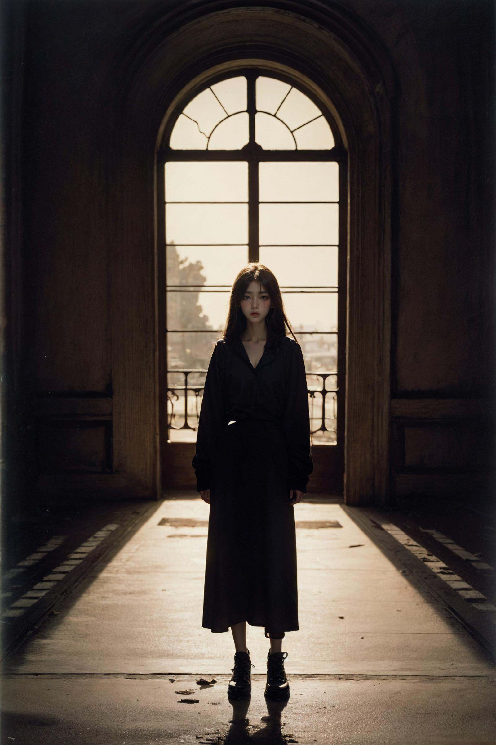 portrait of 1girl by Bill Henson,depressed,tears,streaming tears,ruins,shadows,dramatic lighting,sunset,(full body:1.5),contemporary,dark,expressionism,dystopia,industrial,