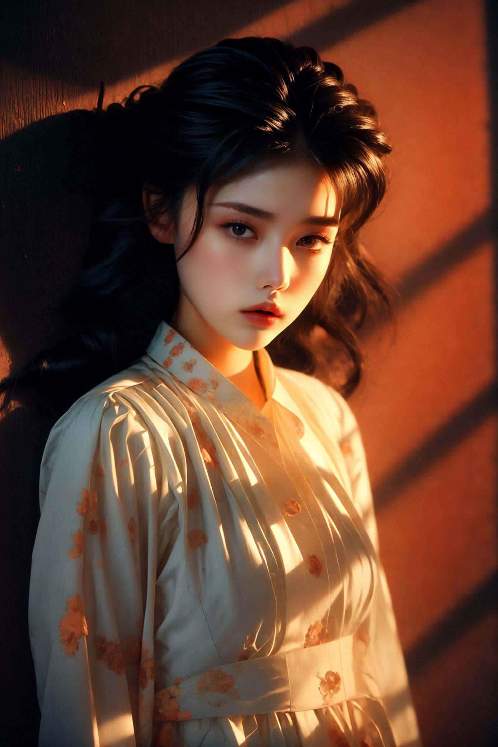 portrait of 1girl by Bill Henson,depressed,tears,streaming tears,ruins,shadows,dramatic lighting,sunset,(full body:0.9),contemporary,dark,expressionism,dystopia,industrial,  Phantom light，<lora:绪儿-桃青光影Phantom light:0.8> ，pretty:，<lora:绪儿-混血脸pretty:0.7>