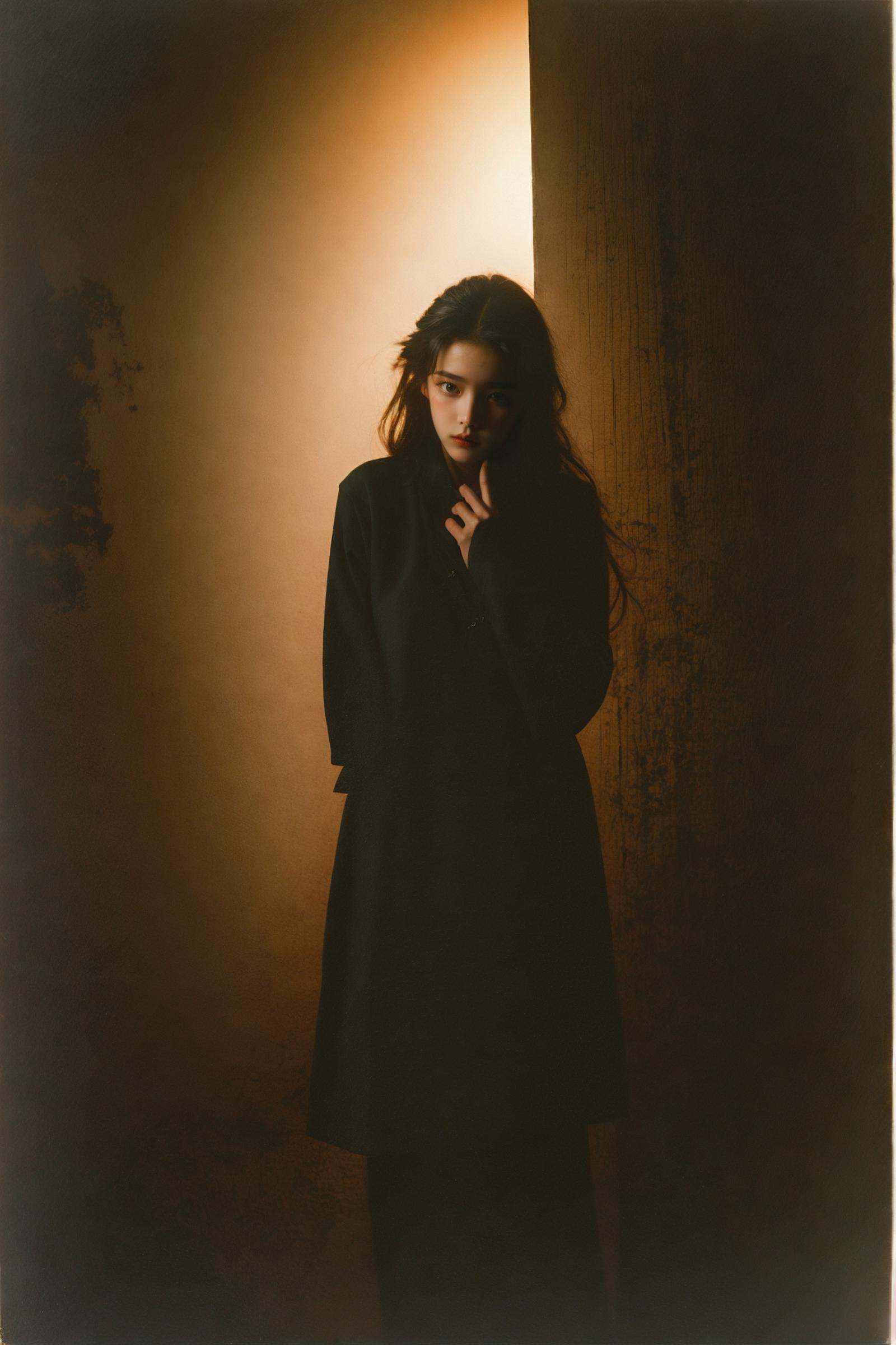 portrait of 1girl by Bill Henson,depressed,tears,streaming tears,ruins,shadows,dramatic lighting,sunset,(full body:0.1),contemporary,dark,expressionism,dystopia,industrial,  Phantom light，<lora:绪儿-桃青光影Phantom light:0.8>