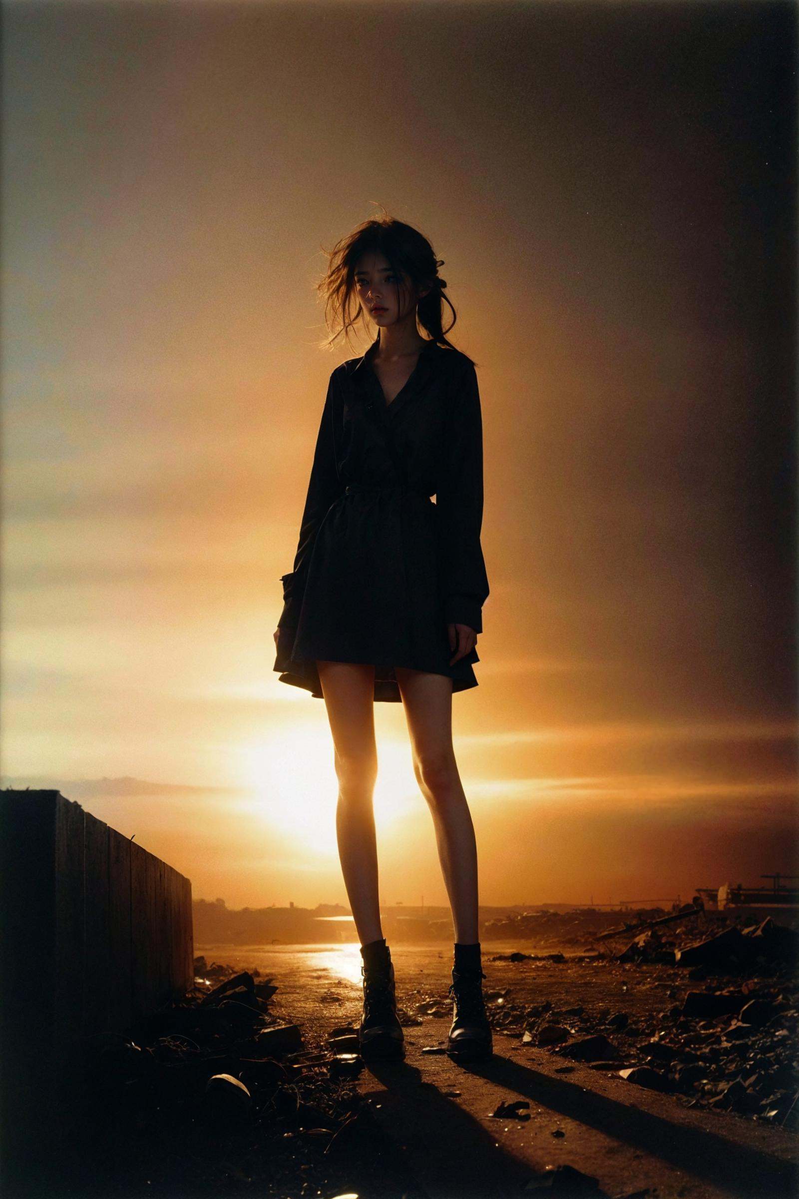 portrait of 1girl by Bill Henson,depressed,tears,streaming tears,ruins,shadows,dramatic lighting,sunset,(full body:1.5),contemporary,dark,expressionism,dystopia,industrial,