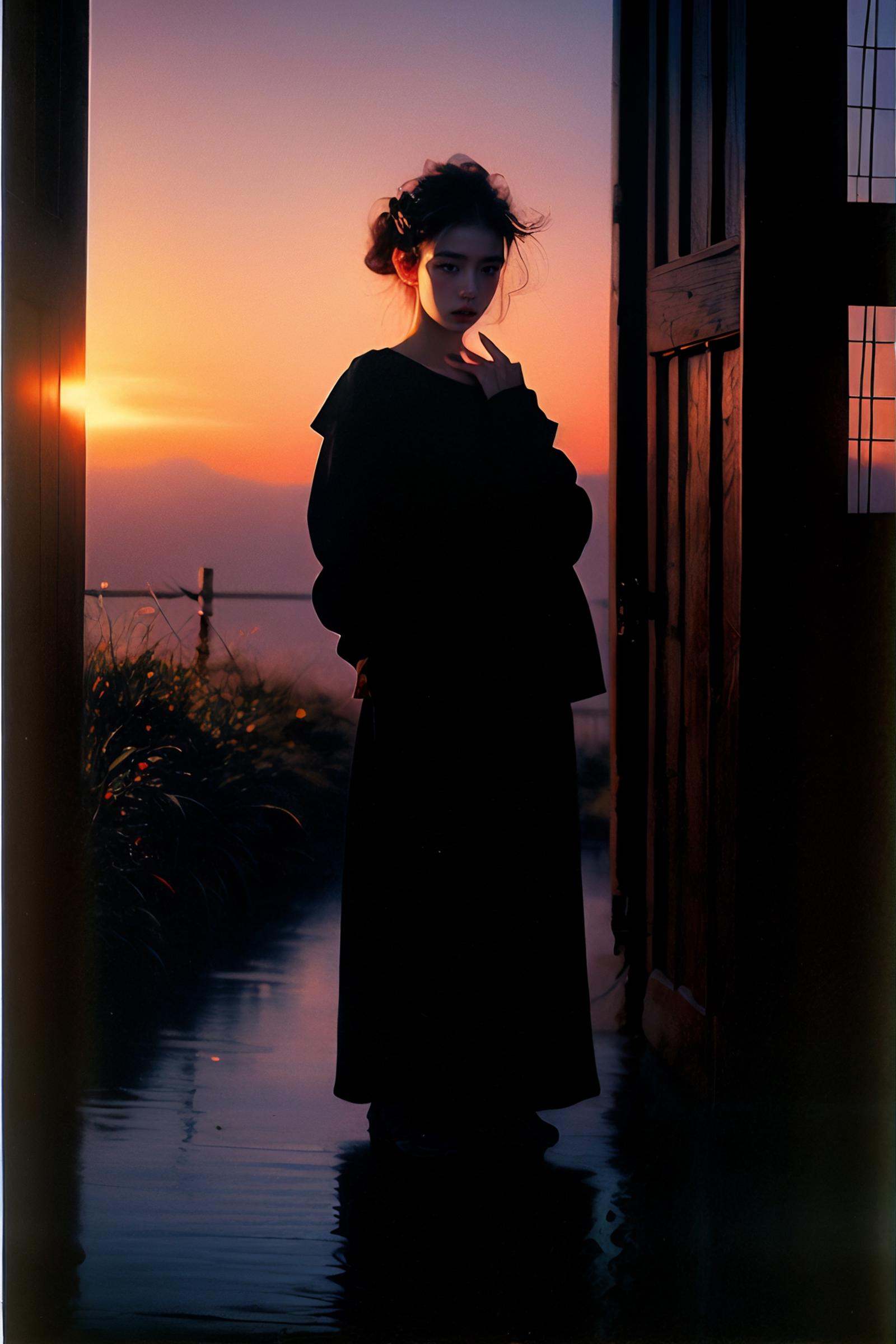 portrait of 1girl by Bill Henson,depressed,tears,streaming tears,ruins,shadows,dramatic lighting,sunset,(full body:1.1),contemporary,dark,expressionism,dystopia,industrial,  Phantom light，<lora:绪儿-桃青光影Phantom light:0.8>
