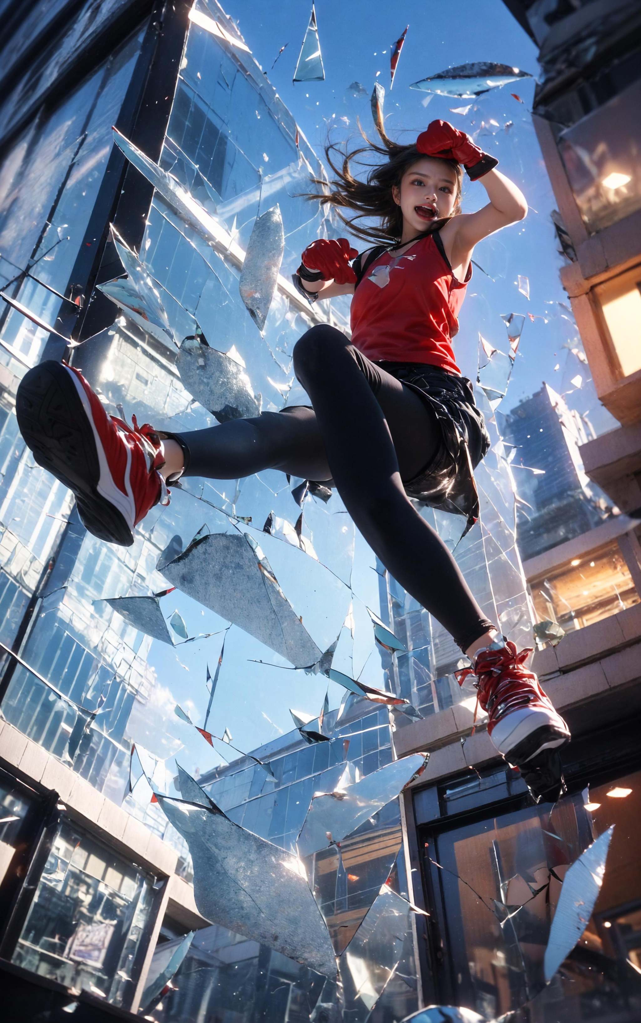 jumping，midair, (1girl, solo:1.2), open mouth, outdoors, building, (broken glass:1.5), shoes, (red gloves:1.3),Glow, reflective glass, light pollution，<lora:绪儿-跳跃构图jumping:0.8>