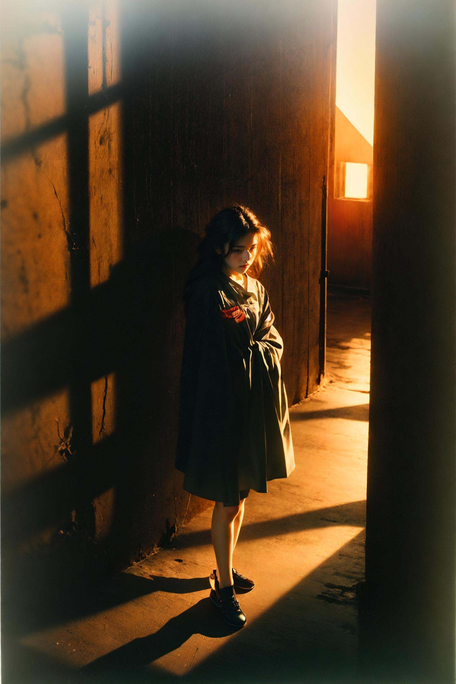 portrait of 1girl by Bill Henson,depressed,tears,streaming tears,ruins,shadows,dramatic lighting,sunset,(full body:1.1),contemporary,dark,expressionism,dystopia,industrial,  Phantom light，<lora:绪儿-桃青光影Phantom light:0.8>
