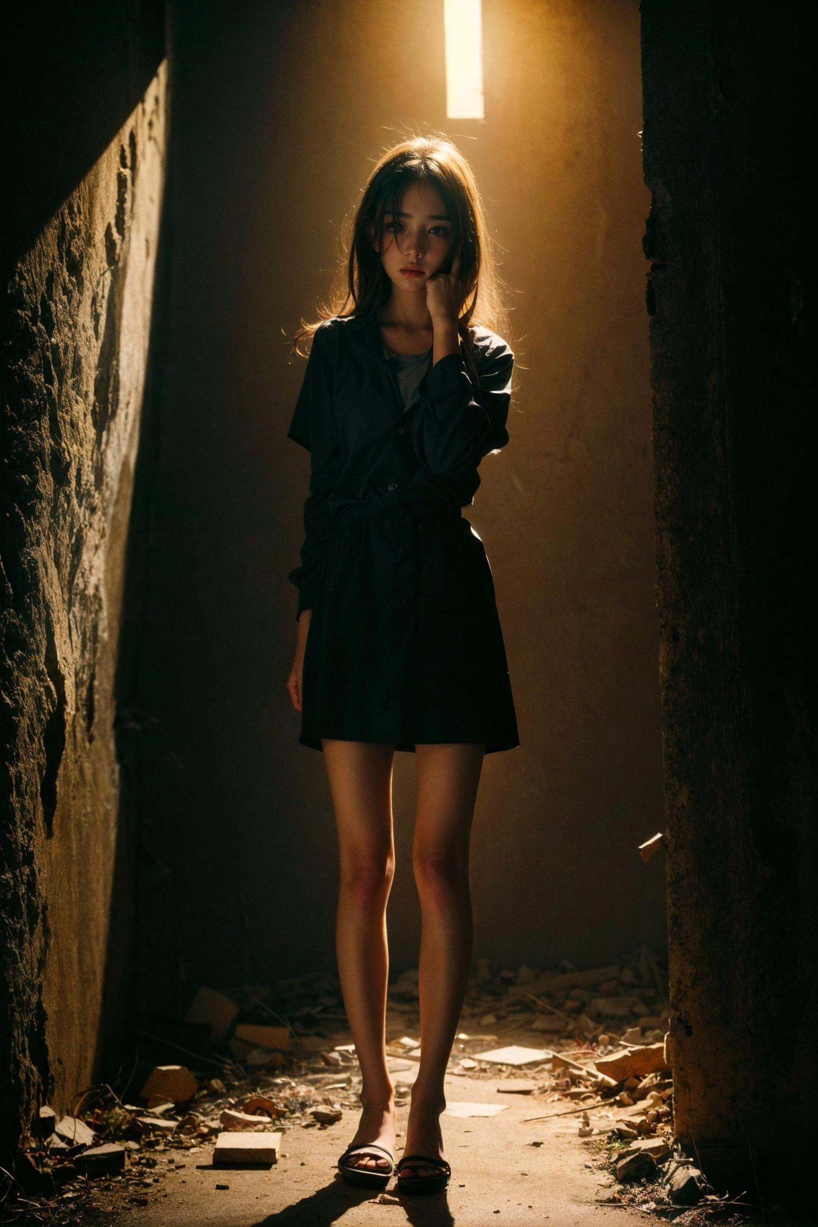 portrait of 1girl by Bill Henson,depressed,tears,streaming tears,ruins,shadows,dramatic lighting,sunset,(full body:1.5),contemporary,dark,expressionism,dystopia,industrial,