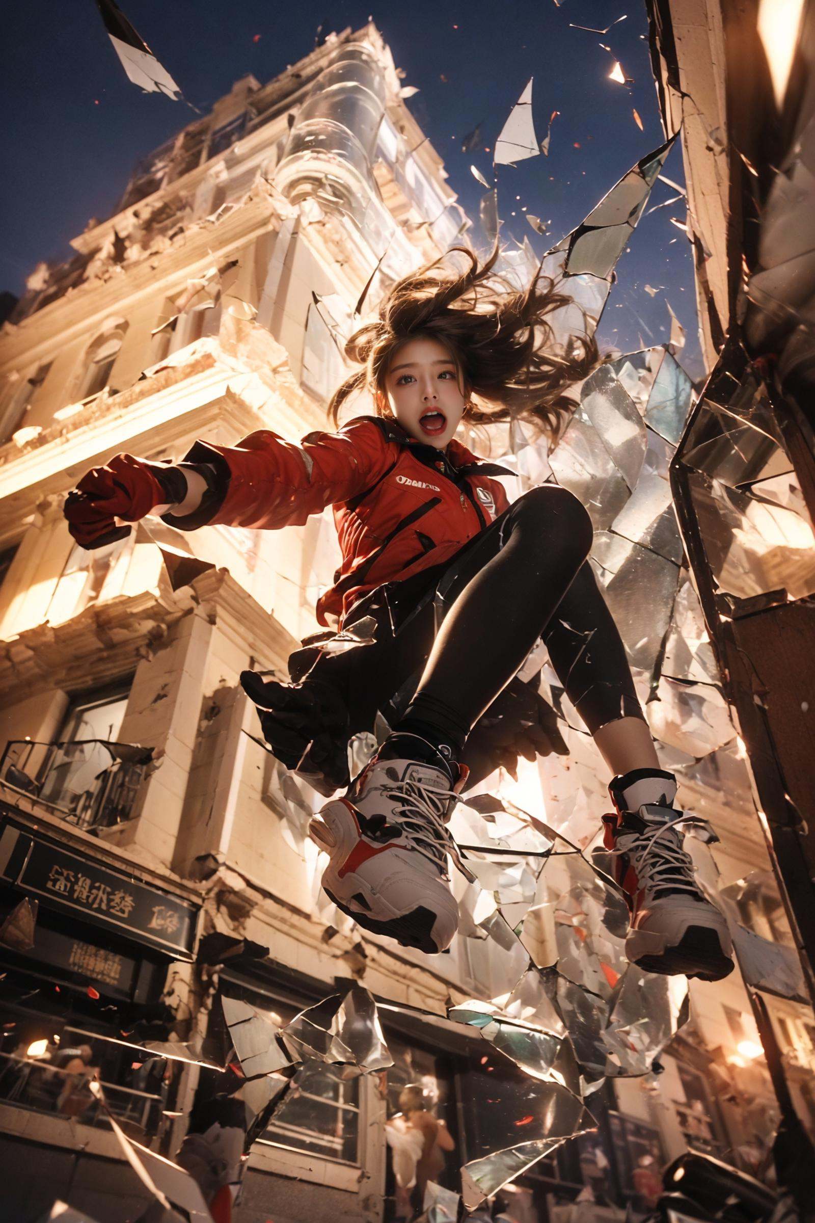 jumping，midair, (1girl, solo:1.2), open mouth, outdoors, building, (broken glass:1.5), shoes, (red gloves:1.3),Glow, reflective glass, light pollution，<lora:绪儿-跳跃构图jumping:0.8>