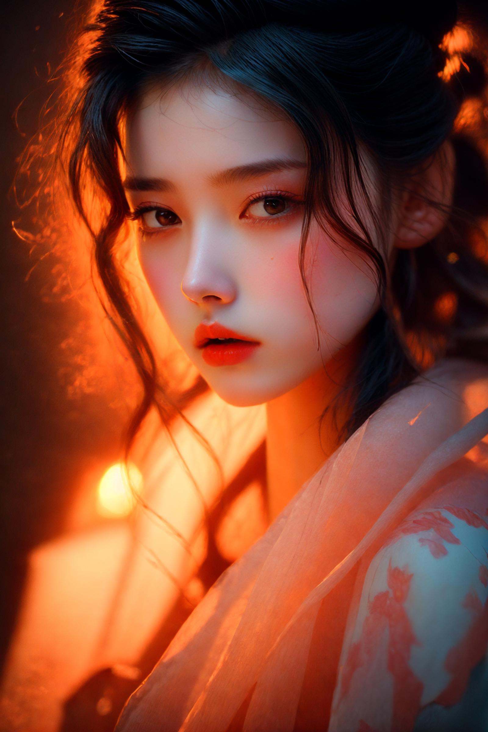 portrait of 1girl by Bill Henson,depressed,tears,streaming tears,ruins,shadows,dramatic lighting,sunset,(full body:0.1),contemporary,dark,expressionism,dystopia,industrial,  Phantom light，<lora:绪儿-桃青光影Phantom light:0.8> ，pretty:，<lora:绪儿-混血脸pretty:0.7>