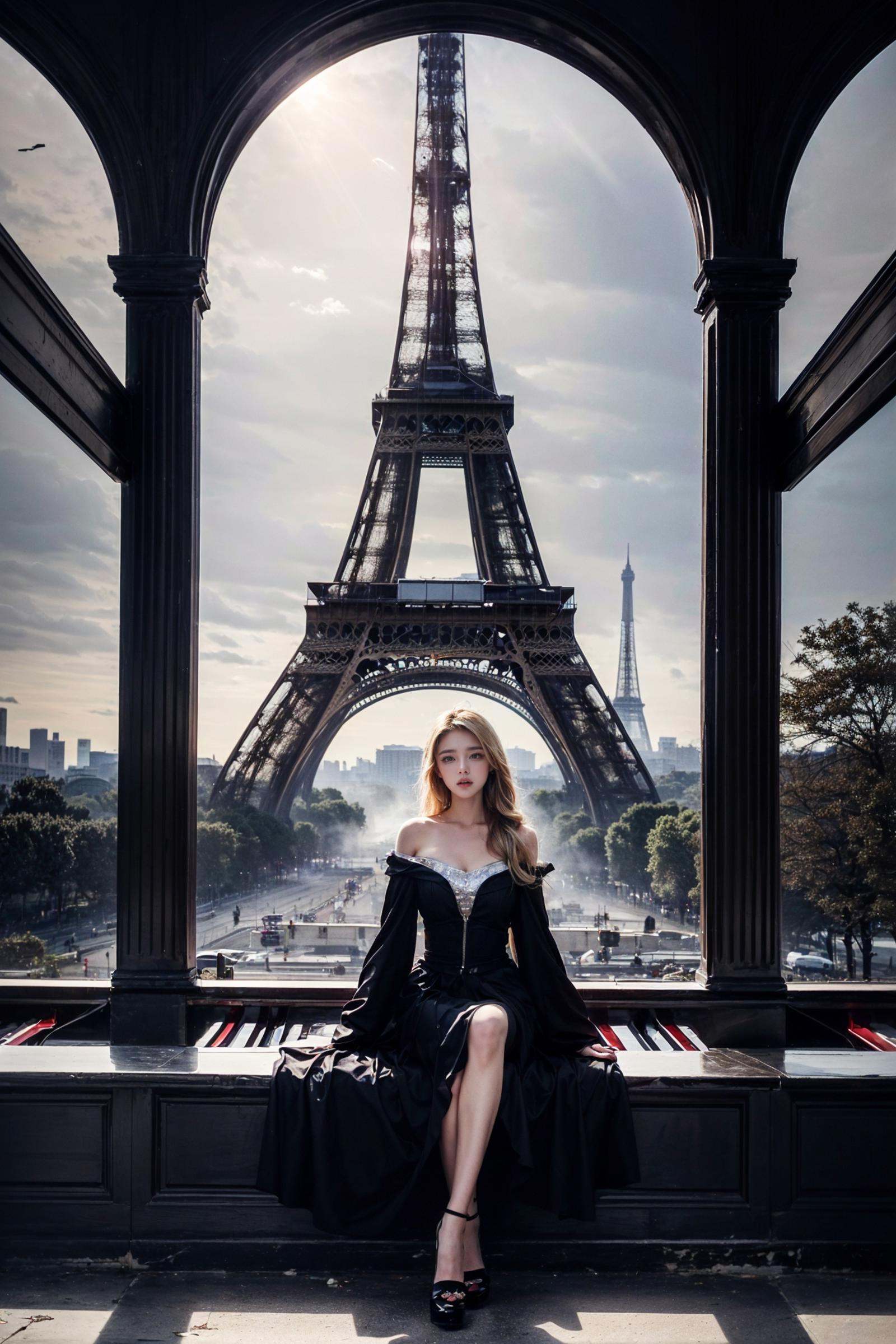 (best quality),((masterpiece)),(highres), (extremely detailed 8K wallpaper),(panorama:1.5)，outdoors， (imid shot:0.95),(imid shot,macro shot:1.25), Eiffel Tower，((((dramatic))), (((gritty))), (((intense))) film poster featuring a young woman as the central character，A shot with tension，Visual impact,giving the poster a dynamic and visually striking appearance,She stands confidently in the center of the poster, wearing a stylish and edgy outfit, with a determined expression on her face,   The background is dark and gritty, with a sense of danger and intensity, The text is bold and attention-grabbing, with a catchy tagline that adds to the overall feeling of drama and excitement，1girl，A woman is sitting gracefully next to the base of the Eiffel Tower, her fingers dancing across the keys of a grand piano，She is positioned with perfect posture, sitting up straight on a cushioned bench, with her feet resting confidently on the pedals，piano，As she plays, the sound of the piano resonates in the open space, carrying across the bustling city of Paris，Passersby pause to listen, mesmerized by the beautiful music filling the air，The dress gives her figure an hourglass shape and flows elegantly to the ground, (blonde hair:1.1)，shadows, darkness, rays of light, reflections, mist, smoke, halos, flickering, contrast, layered colors，Mafia Style，low-key, high-profile, trendy, traditional, classic, violent, luxurious, elegant, mysterious, majestic，The Godfather's Image，handsome, charming, charismatic, ruthless, commanding, tall, strong, mysterious, wise, full of stories，Italian Mafia Style，fashionable, classic, luxurious, delicate, traditional, romantic, shrewd, wise, pitiless, full of emotions，Mafia Film Light and Shadow Style，dark, gray, black and white, vivid colors, contrast, reflections, shaky camera，The scene is framed by the iconic Eiffel Tower in the background, which stands tall and proud, its iron beams reaching up to the sky，The lighting is soft and warm, casting a golden glow over the woman and the piano, while the tower is softly illuminated in the background，