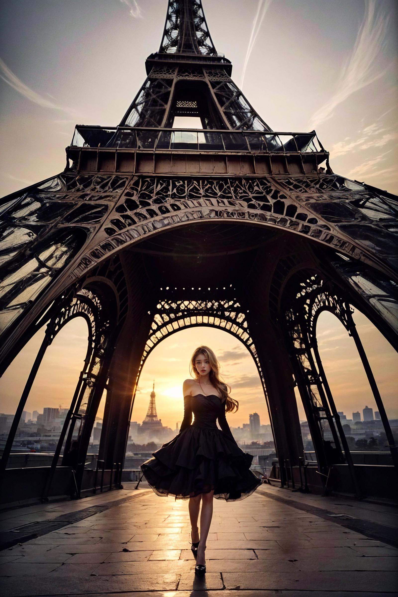 (best quality),((masterpiece)),(highres), (extremely detailed 8K wallpaper),(panorama:1.5)，outdoors， (imid shot:0.95),(imid shot,macro shot:1.25), Eiffel Tower，((((dramatic))), (((gritty))), (((intense))) film poster featuring a young woman as the central character，A shot with tension，Visual impact,giving the poster a dynamic and visually striking appearance,She stands confidently in the center of the poster, wearing a stylish and edgy outfit, with a determined expression on her face,   The background is dark and gritty, with a sense of danger and intensity, The text is bold and attention-grabbing, with a catchy tagline that adds to the overall feeling of drama and excitement，1girl，A woman is sitting gracefully next to the base of the Eiffel Tower, her fingers dancing across the keys of a grand piano，She is positioned with perfect posture, sitting up straight on a cushioned bench, with her feet resting confidently on the pedals，piano，As she plays, the sound of the piano resonates in the open space, carrying across the bustling city of Paris，Passersby pause to listen, mesmerized by the beautiful music filling the air，The dress gives her figure an hourglass shape and flows elegantly to the ground, (blonde hair:1.1)，shadows, darkness, rays of light, reflections, mist, smoke, halos, flickering, contrast, layered colors，Mafia Style，low-key, high-profile, trendy, traditional, classic, violent, luxurious, elegant, mysterious, majestic，The Godfather's Image，handsome, charming, charismatic, ruthless, commanding, tall, strong, mysterious, wise, full of stories，Italian Mafia Style，fashionable, classic, luxurious, delicate, traditional, romantic, shrewd, wise, pitiless, full of emotions，Mafia Film Light and Shadow Style，dark, gray, black and white, vivid colors, contrast, reflections, shaky camera，The scene is framed by the iconic Eiffel Tower in the background, which stands tall and proud, its iron beams reaching up to the sky，The lighting is soft and warm, casting a golden glow over the woman and the piano, while the tower is softly illuminated in the background，