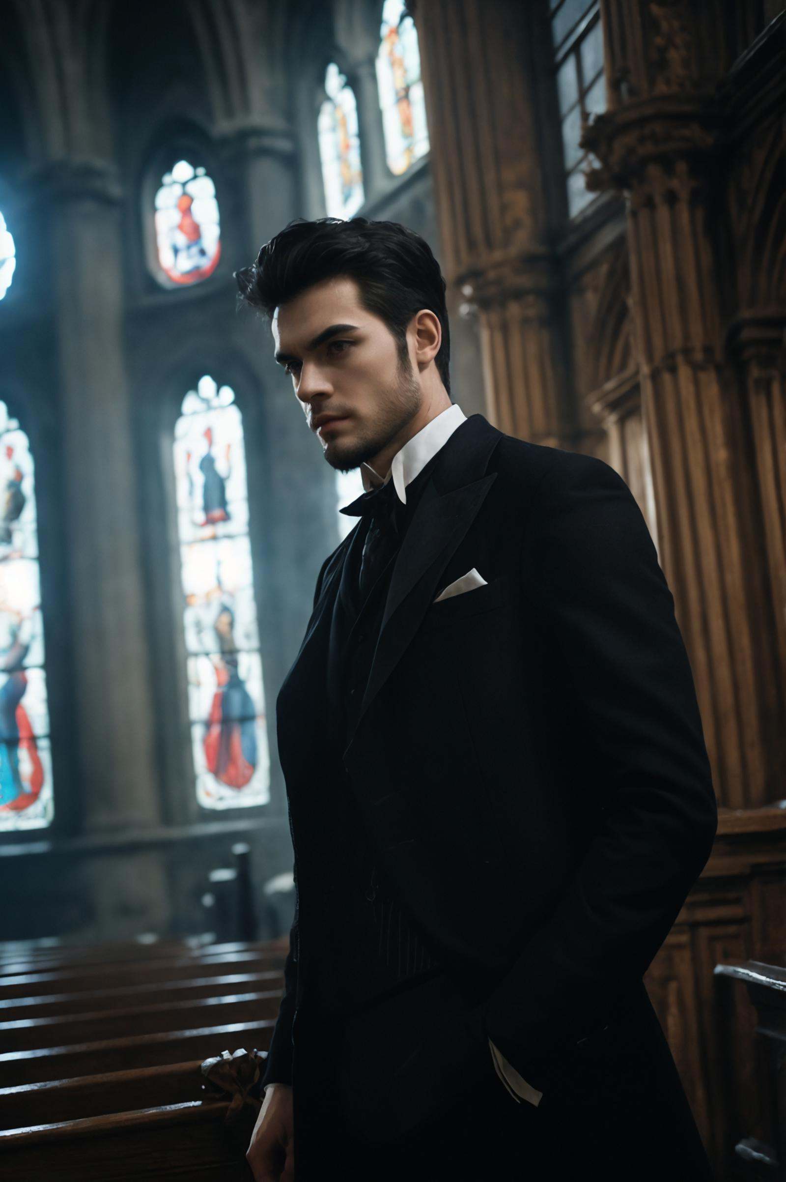 handsome male,solo,beard,big muscle,suit,feather coat,dutch angle,low angle,empty church,