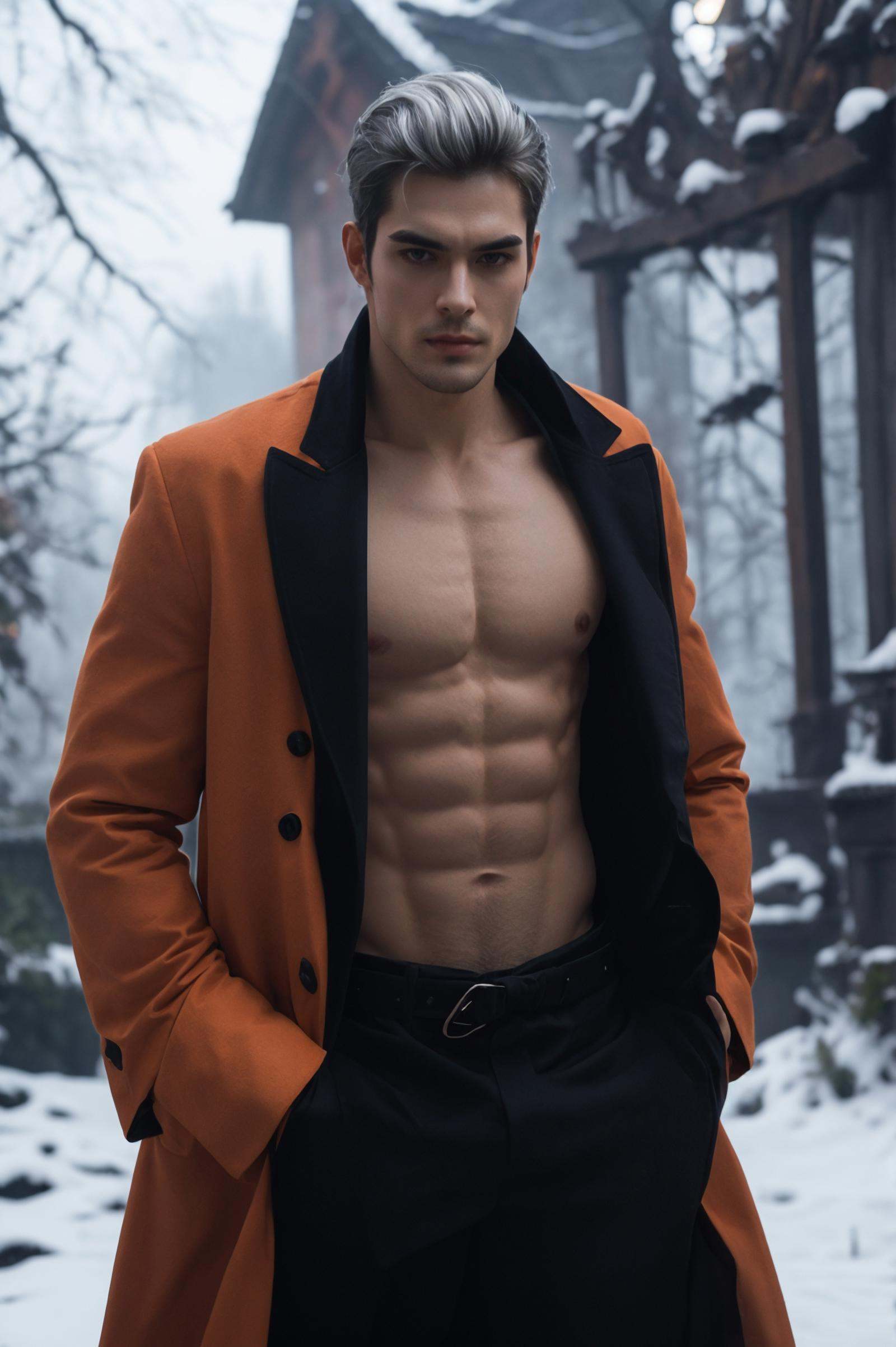 (silver_hair:1.1),handsome male,beard,(oversized orange coat:1.1),abs,winter,snow,