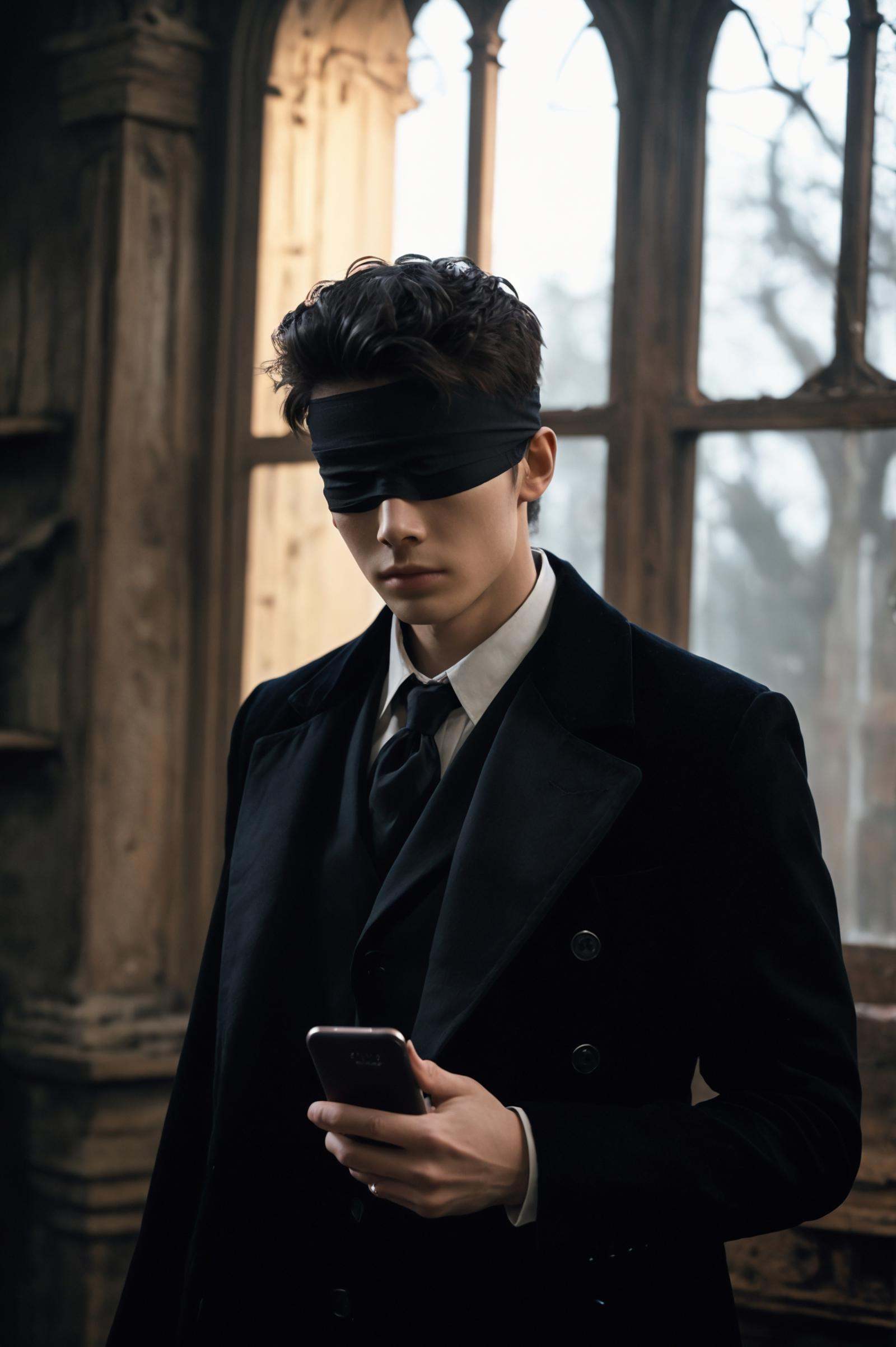 blindfold, blindfolded, 1boy,solo, In_front_of_the_window, the_best_light, upper_body, handsome_male, black coat, white_shirt,black hair,short hair, holding_a_mobile phone, scar，