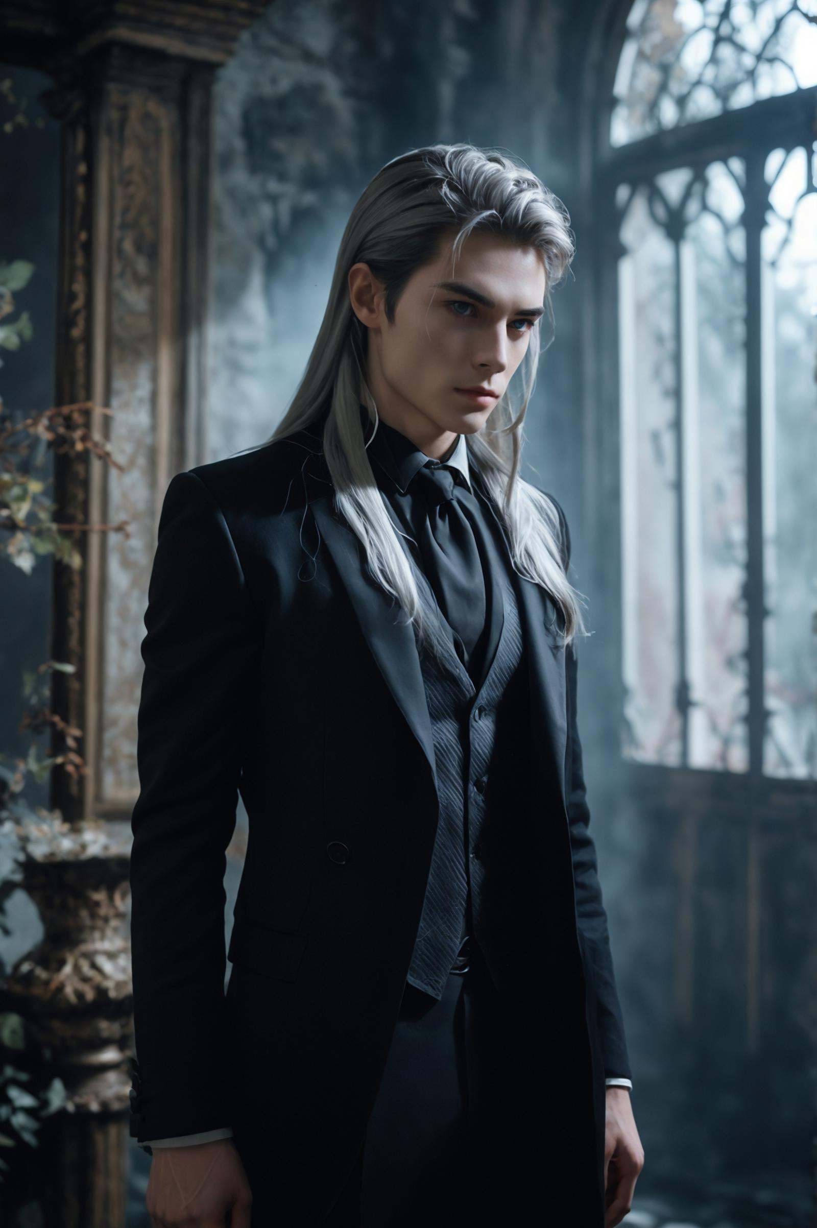 1boy, solo,long hair, silver hair,muscle,IvoryGoldAI,blue eyes,pileum,menstoga,radagon，
