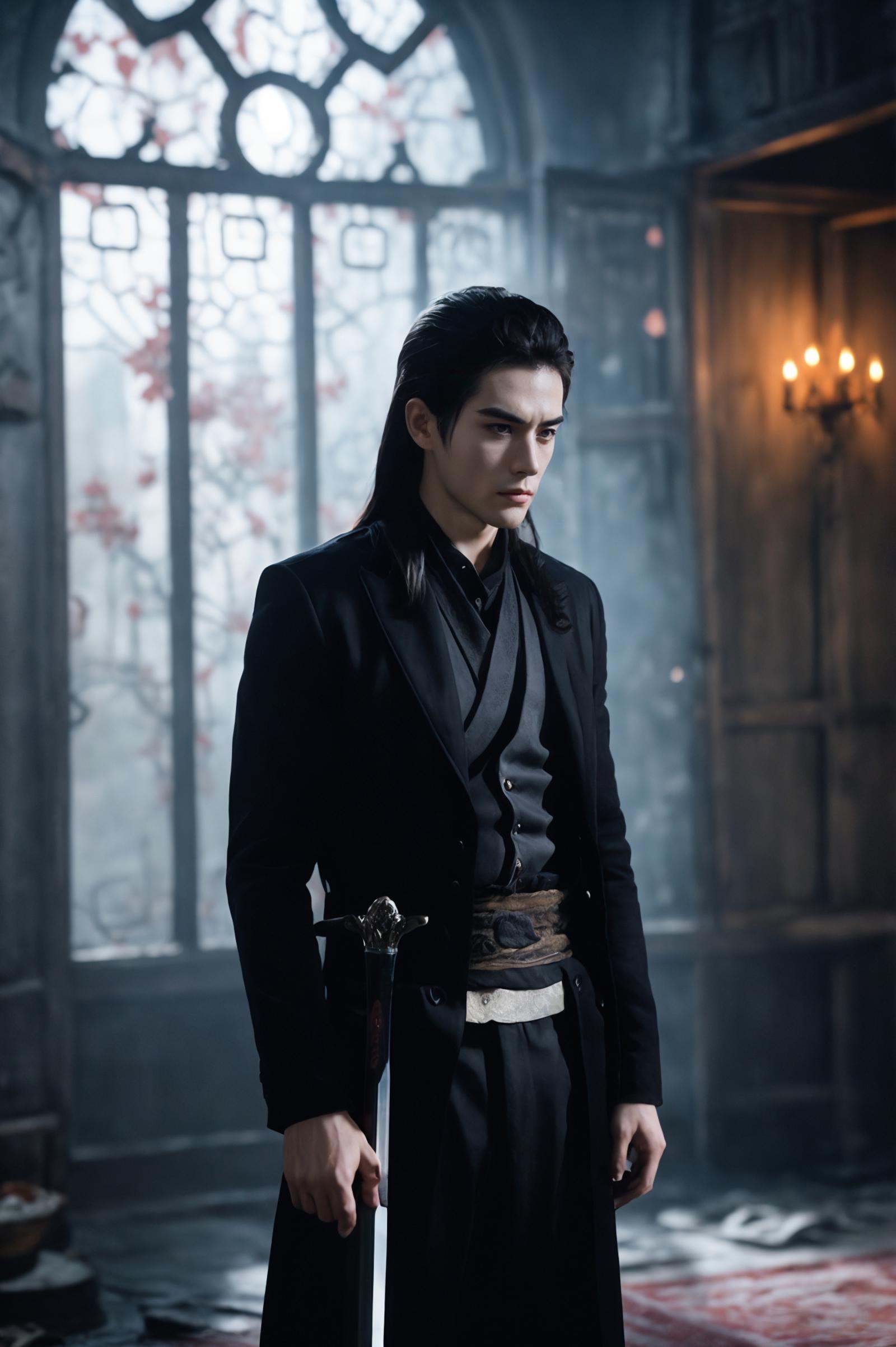 dramatic lighting, shallow depth of field, highly detailed, high budget, defocus, movie visuals, emotional, epic, gorgeous, film particles, granular. Professional and meticulous,gufeng,shufa,xiuxian,1boy,handsome,writing brush,whole body,stand, sword,flagon ,Correct hand
