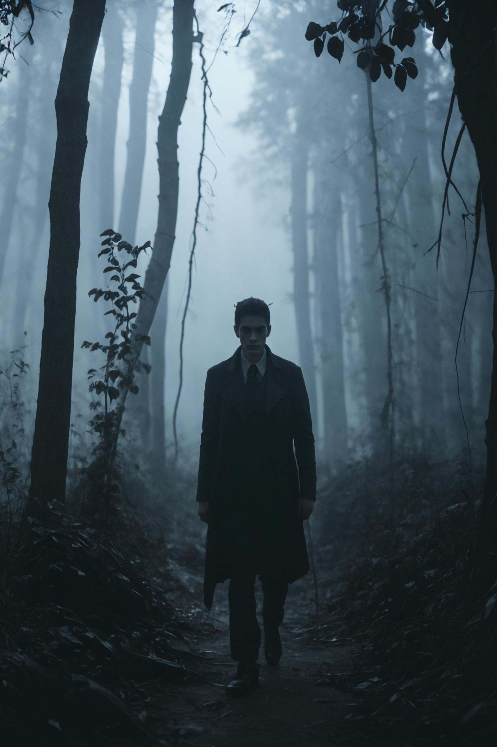 1 man,full body, horror,broken,distorted,sky,fog,smoke,dust,dark forest,shadow creatures, Junji Ito, masterpiece,ultra high res,high quality,cinematic lighting,