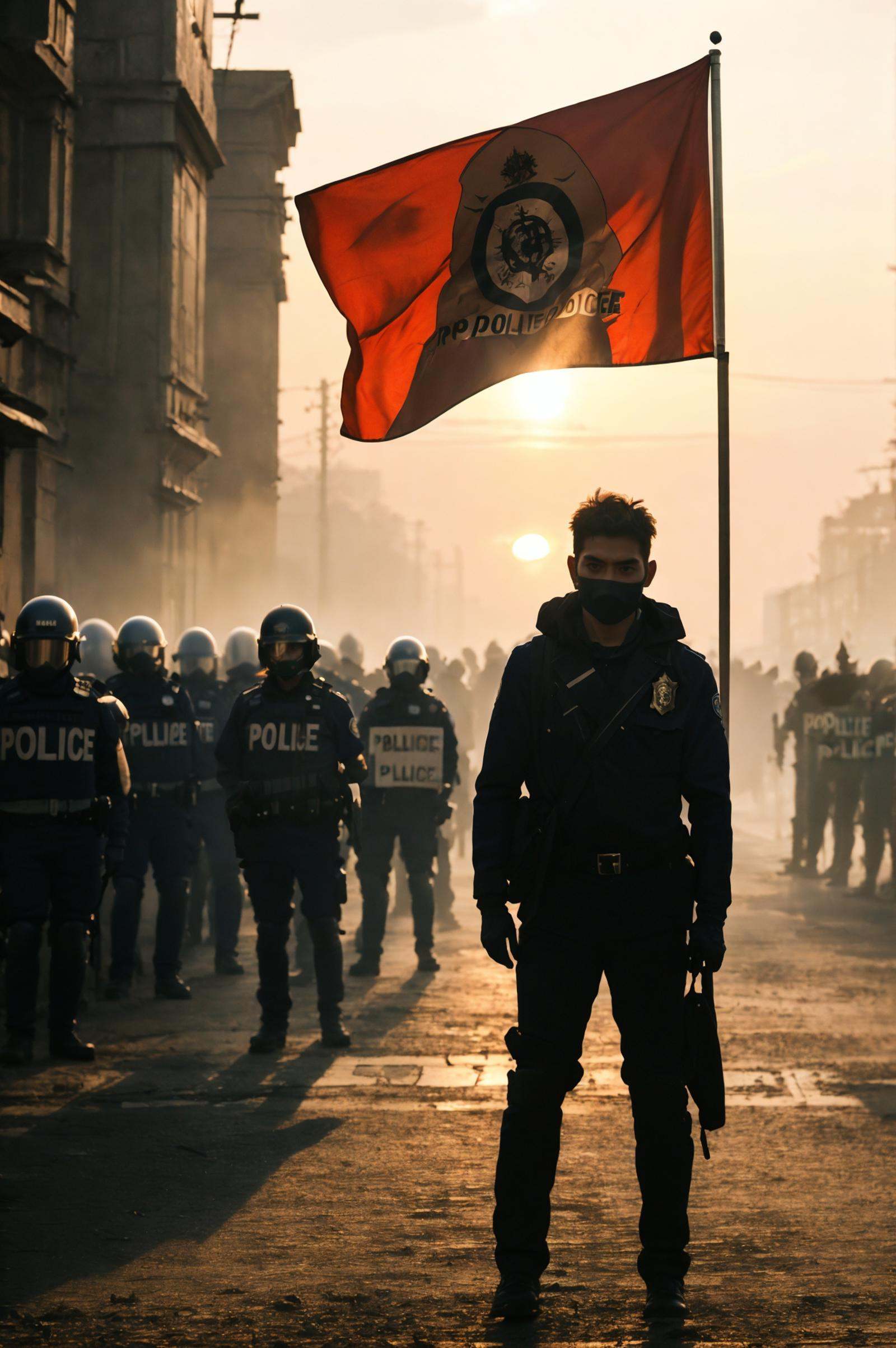 leogirl, realistic photography, ,A lone man stands defiantly in front of a line of riot police, bathed in the golden hour light during a protest for freedom. He holds a flag billowing in the wind as the silhouette of the police forms a dramatic backdrop.