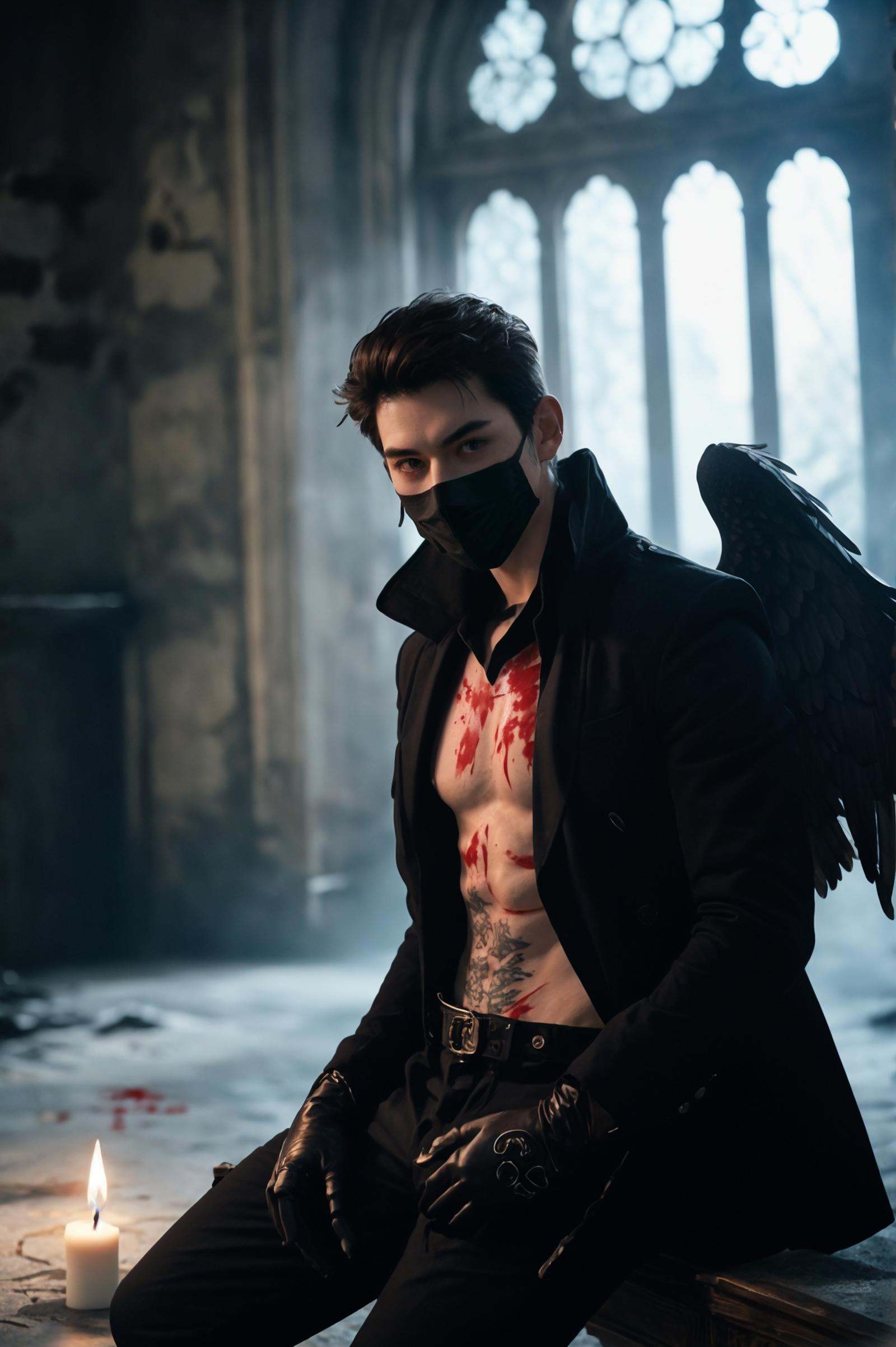 1 boy, xiaozhan,sitting, jacket, wings, pants, indoor, halo, feathers, large environment red, semi-nude upper body, ((black tattoo, with blood stains, black mask, red and black pants 2)), angel, candle, prayer, white feather Film lighting, strong contrast, high level of detail, best quality, masterpiece, white background, , solo, smile, gloves,
