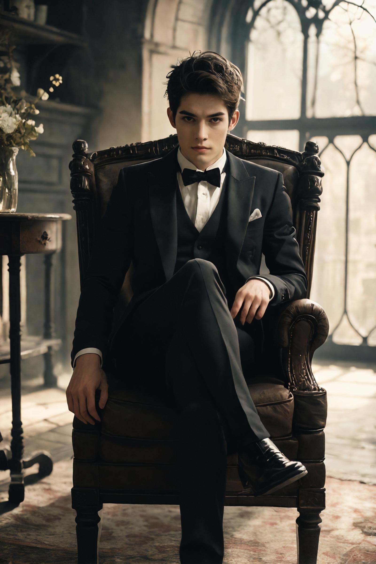 1boy, solo, male focus, sitting, chair, crossed legs,